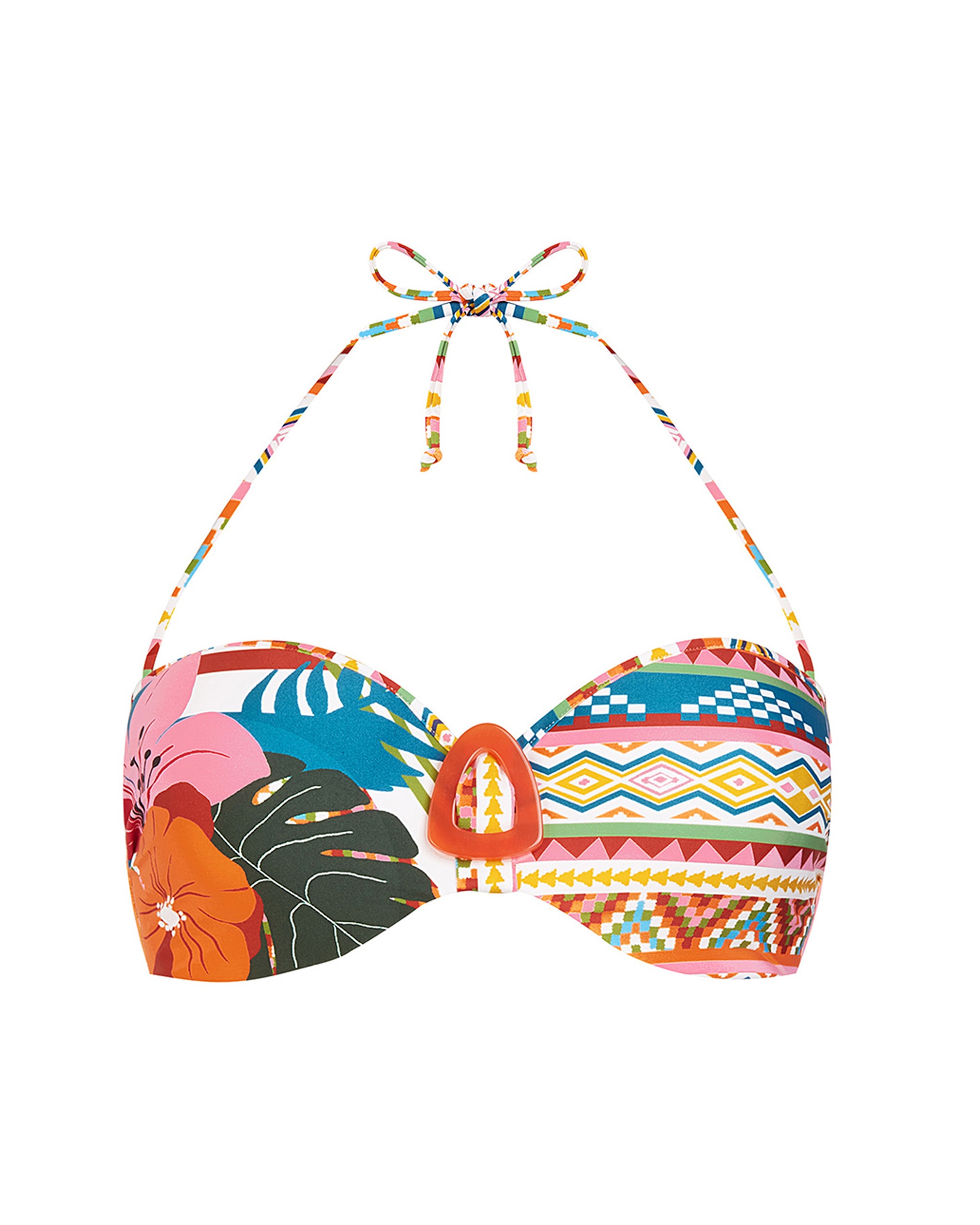 Top de Biquíni da Coleção Class com Alças Atadas na Gola e Estampado Geométrico Folhas Multicolor-3