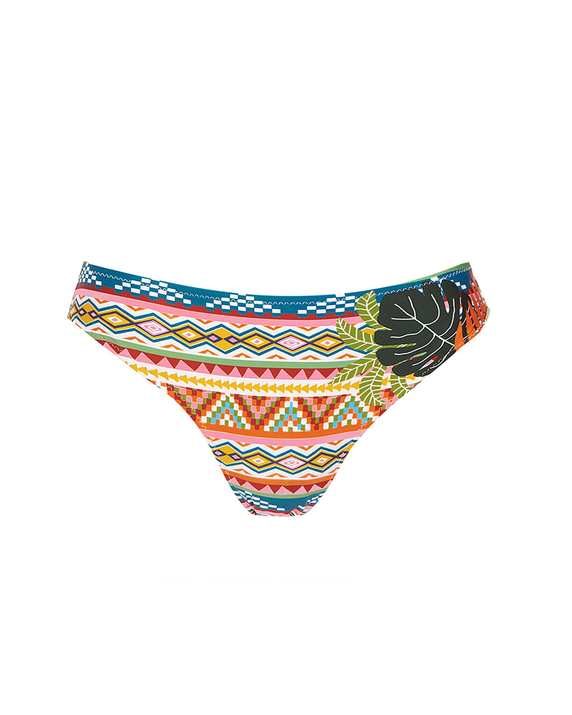 Cueca de Biquíni da Coleção Class de Altura Média com Estampado Geométrico Folhas Multicolor-3