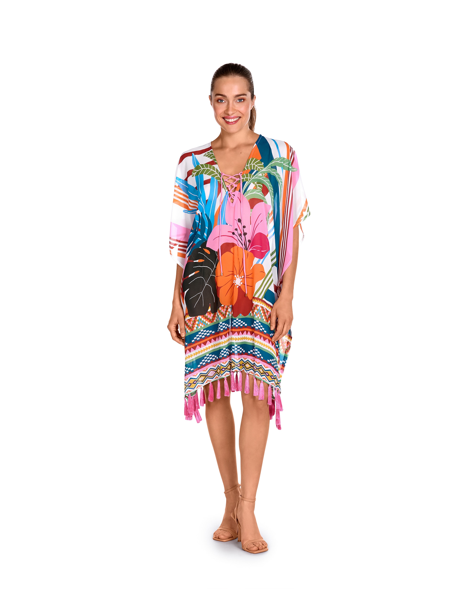 Imagem 0 de Vestido de Praia da Coleção Class de Mia Manga com Estampado Geométrico Folhas