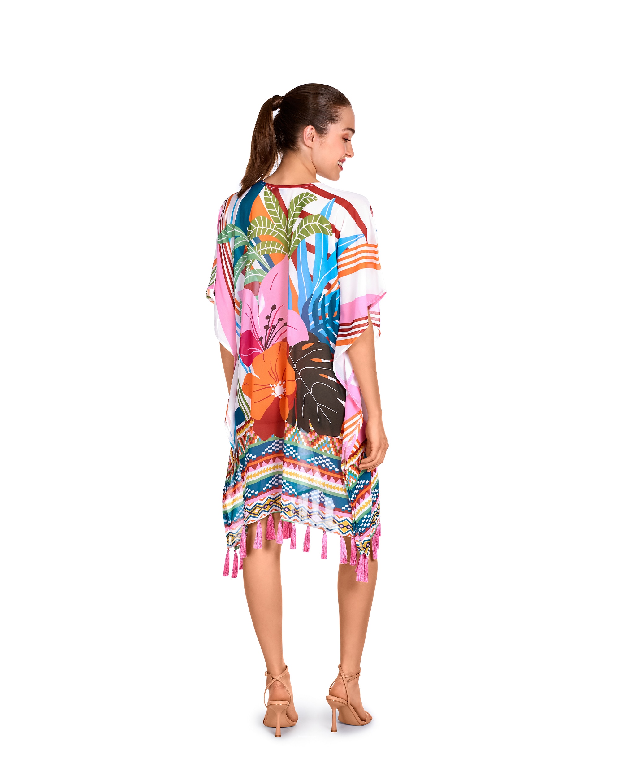 Vestido de Praia da Coleção Class de Mia Manga com Estampado Geométrico Folhas Multicolor-2