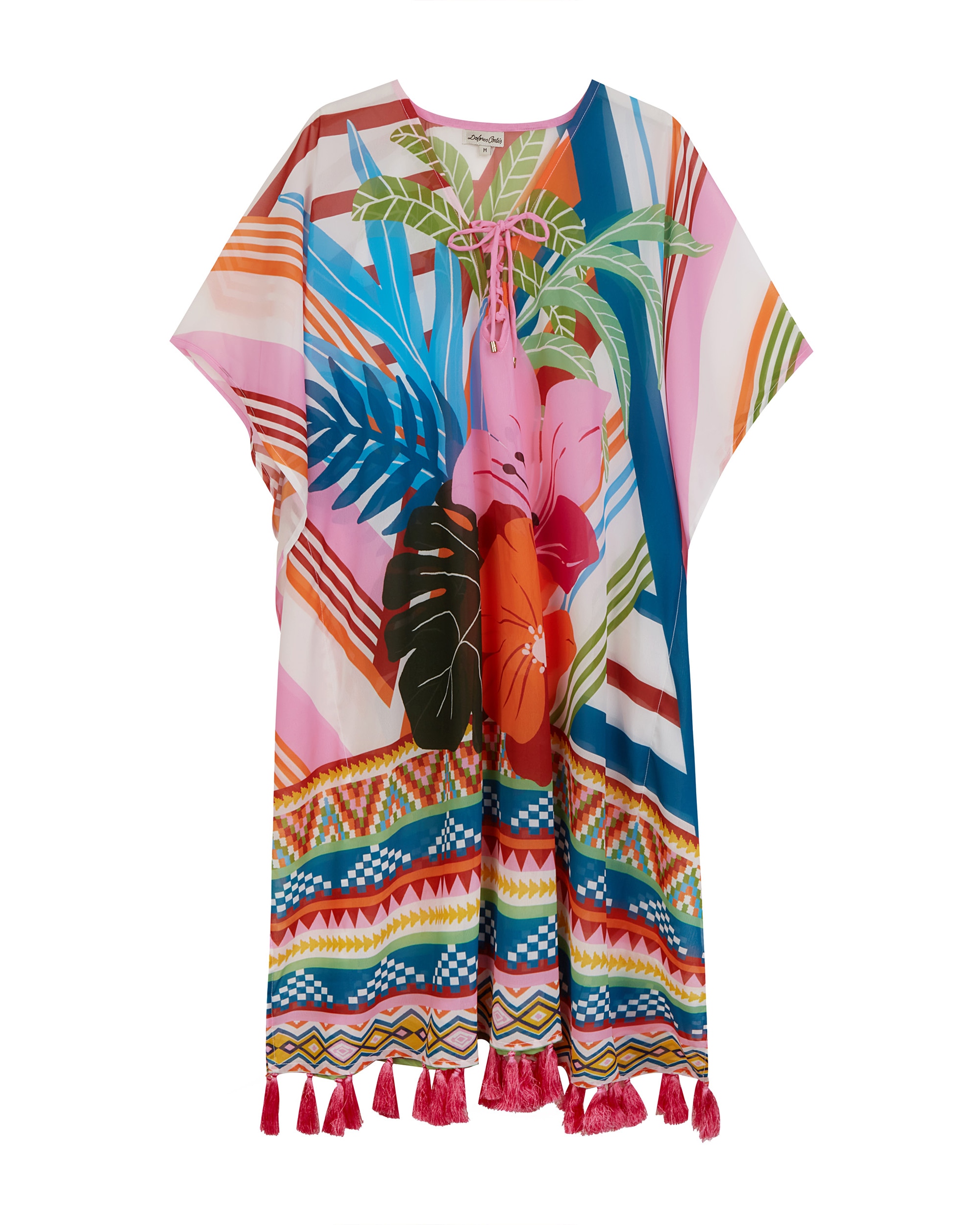 Vestido de Praia da Coleção Class de Mia Manga com Estampado Geométrico Folhas Multicolor-3