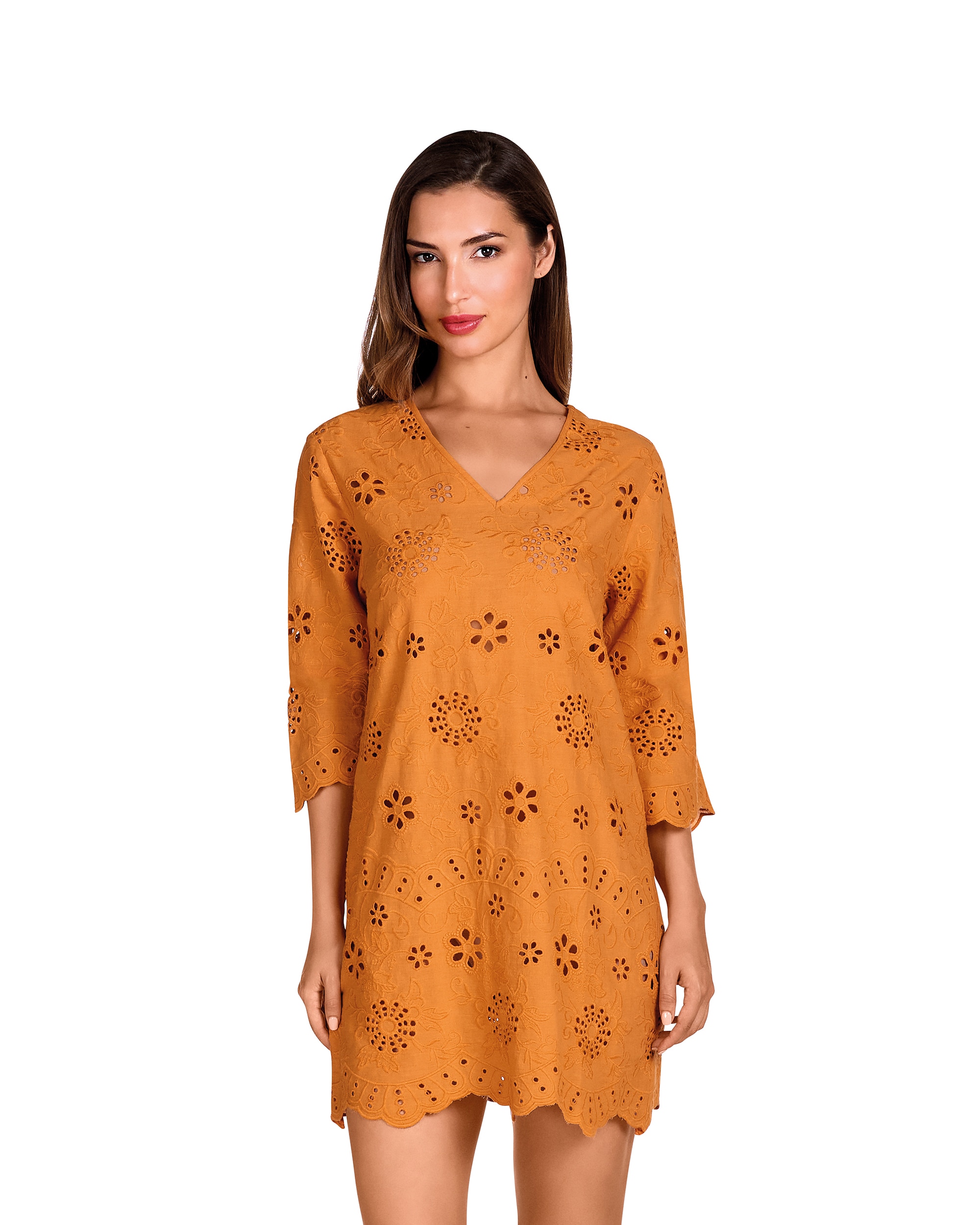 Imagem 0 de Vestido de Praia da Coleção Class de Manga Média e Estampado Perfurado em Laranja