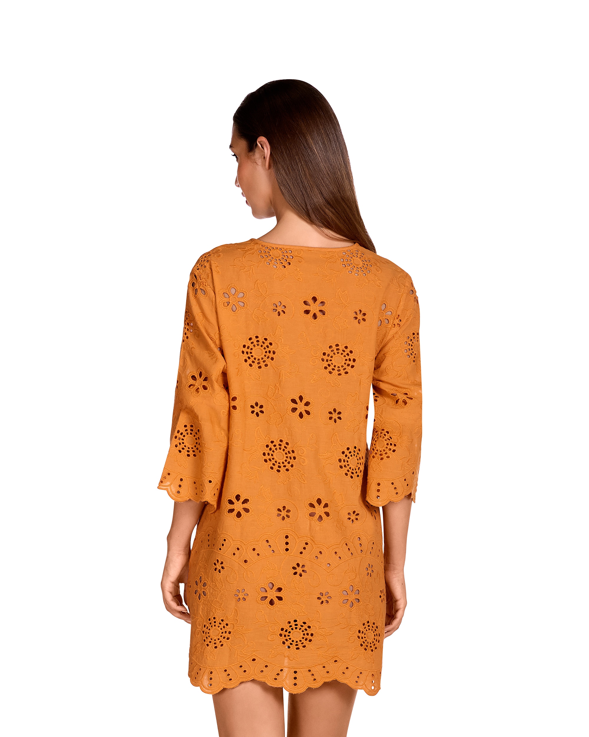 Vestido de Praia da Coleção Class de Manga Média e Estampado Perfurado em Laranja Laranja-forte-2