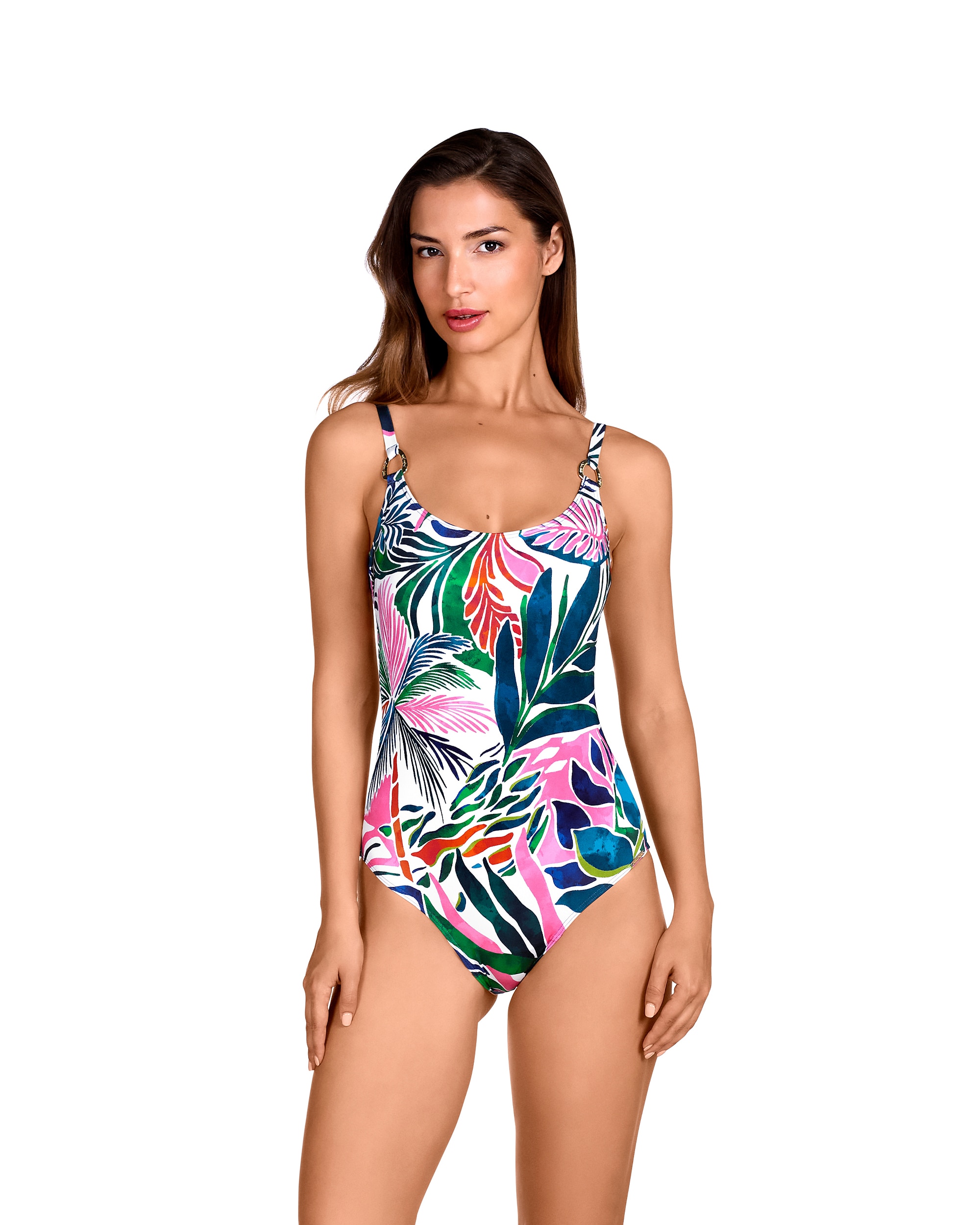 Fato de Banho com Argola Logo Dourada nas Alças, Costas Decotadas e Estampado Tropical Multicolor-1
