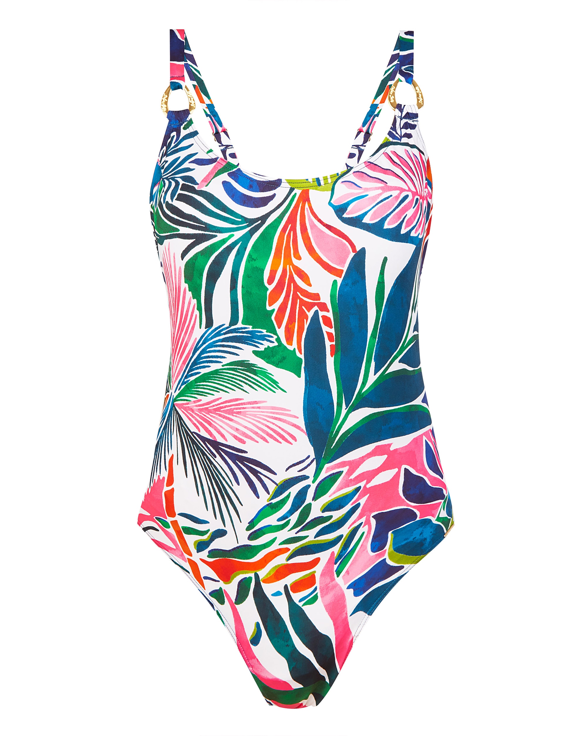 Fato de Banho com Argola Logo Dourada nas Alças, Costas Decotadas e Estampado Tropical Multicolor-3