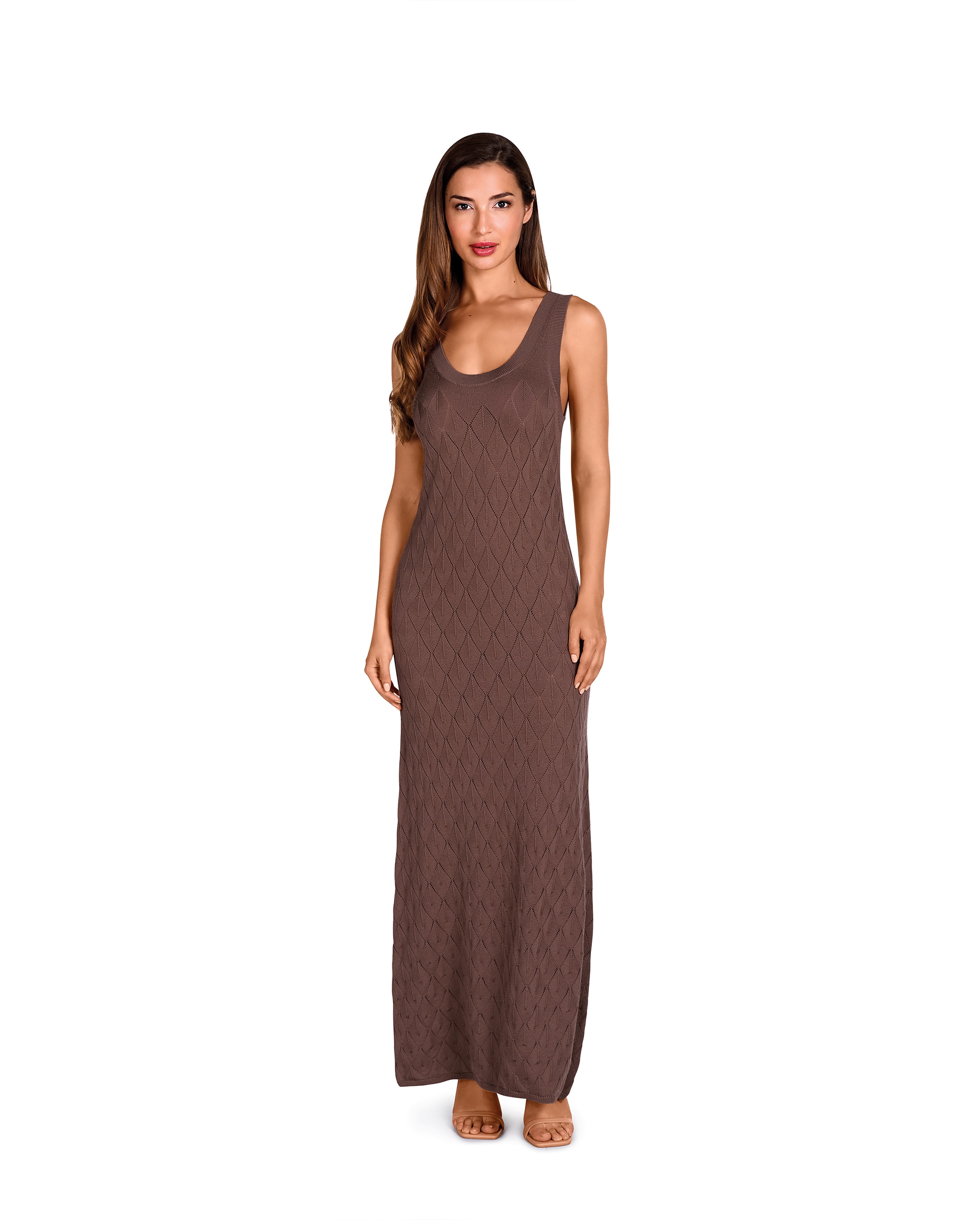 Vestido Comprido de Tecido Perfurado de Praia Castanho-1