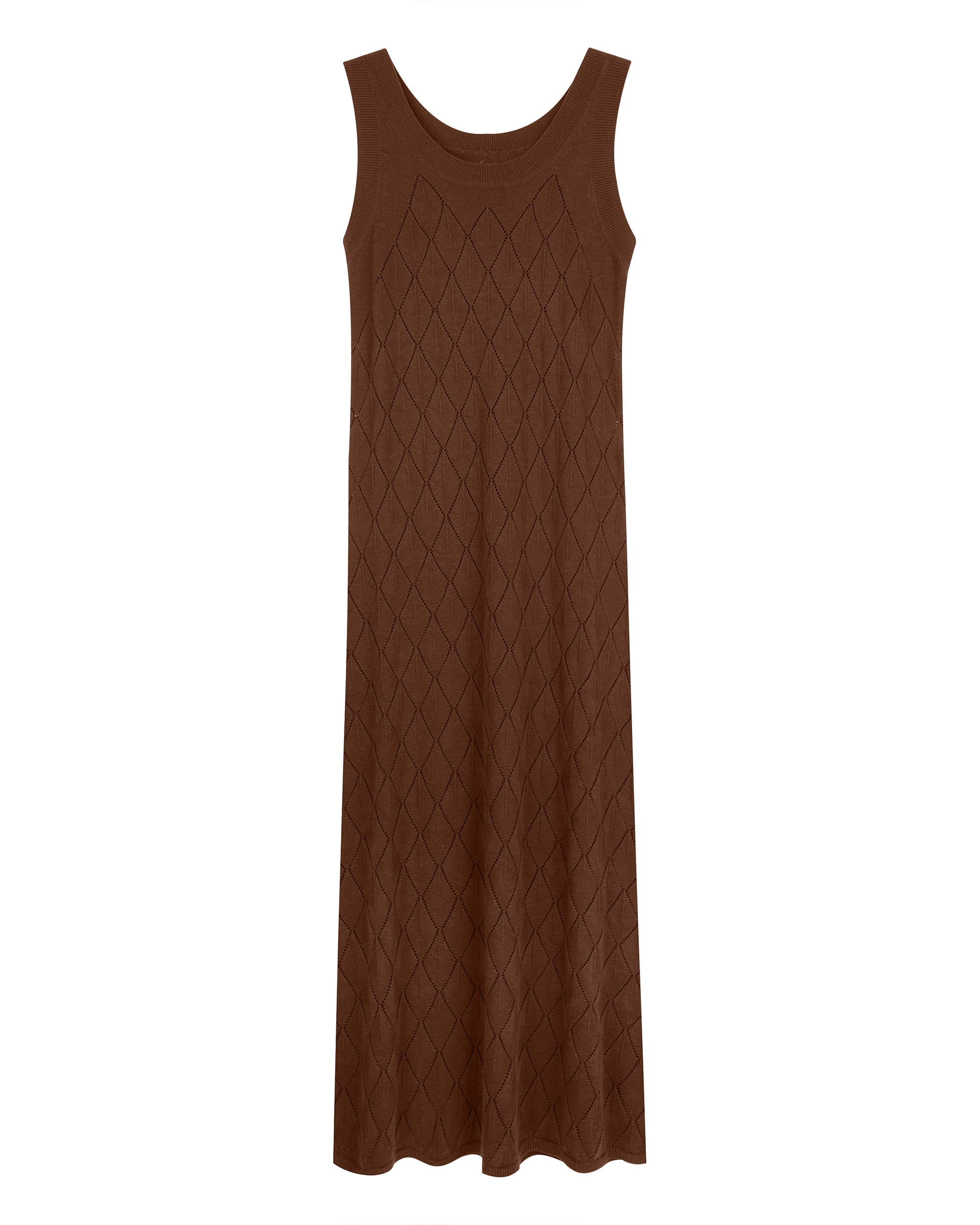 Vestido Comprido de Tecido Perfurado de Praia Castanho-3