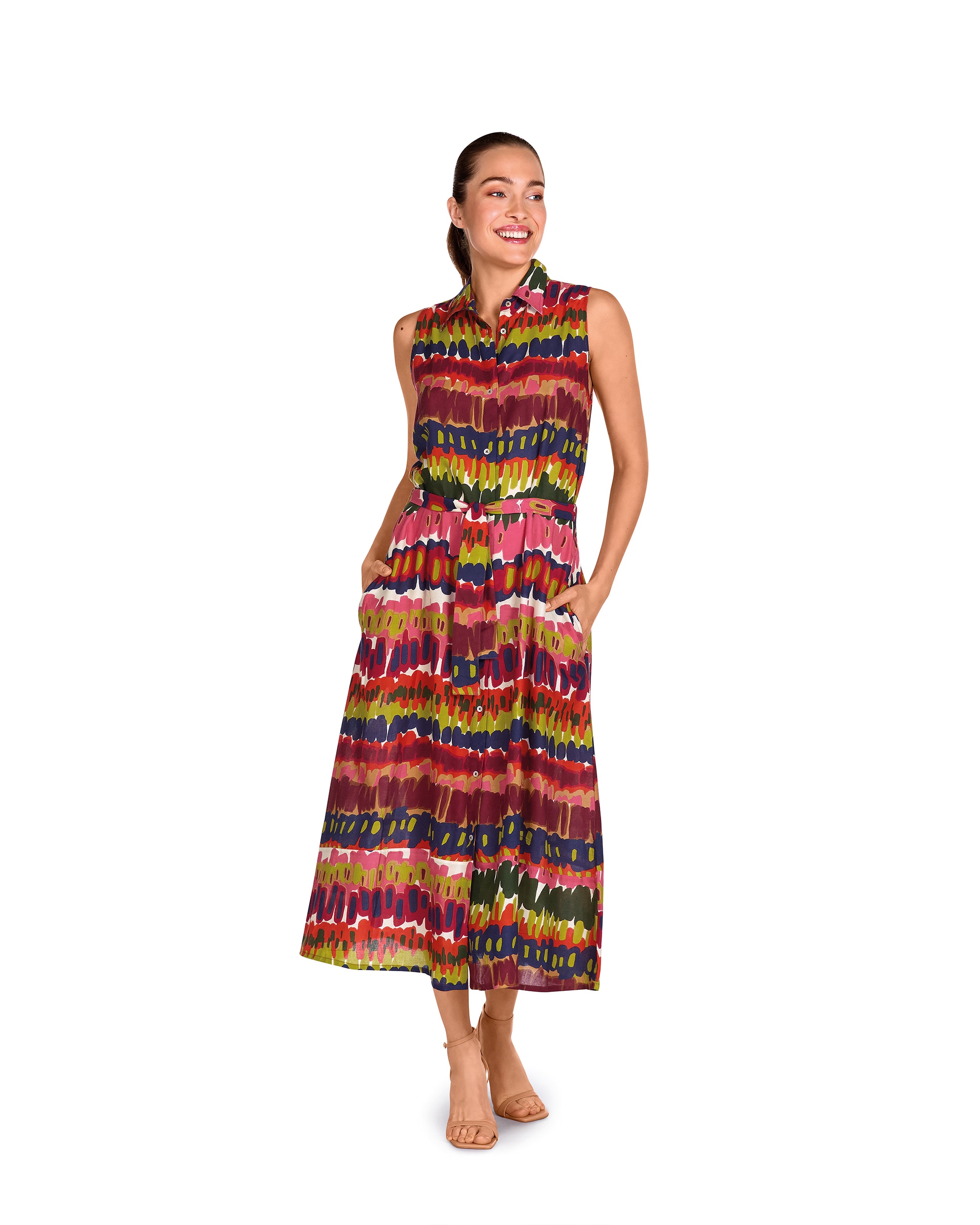 Imagem 0 de Vestido Midi Abotoado com Laço na Cintura e Estampado Abstrato