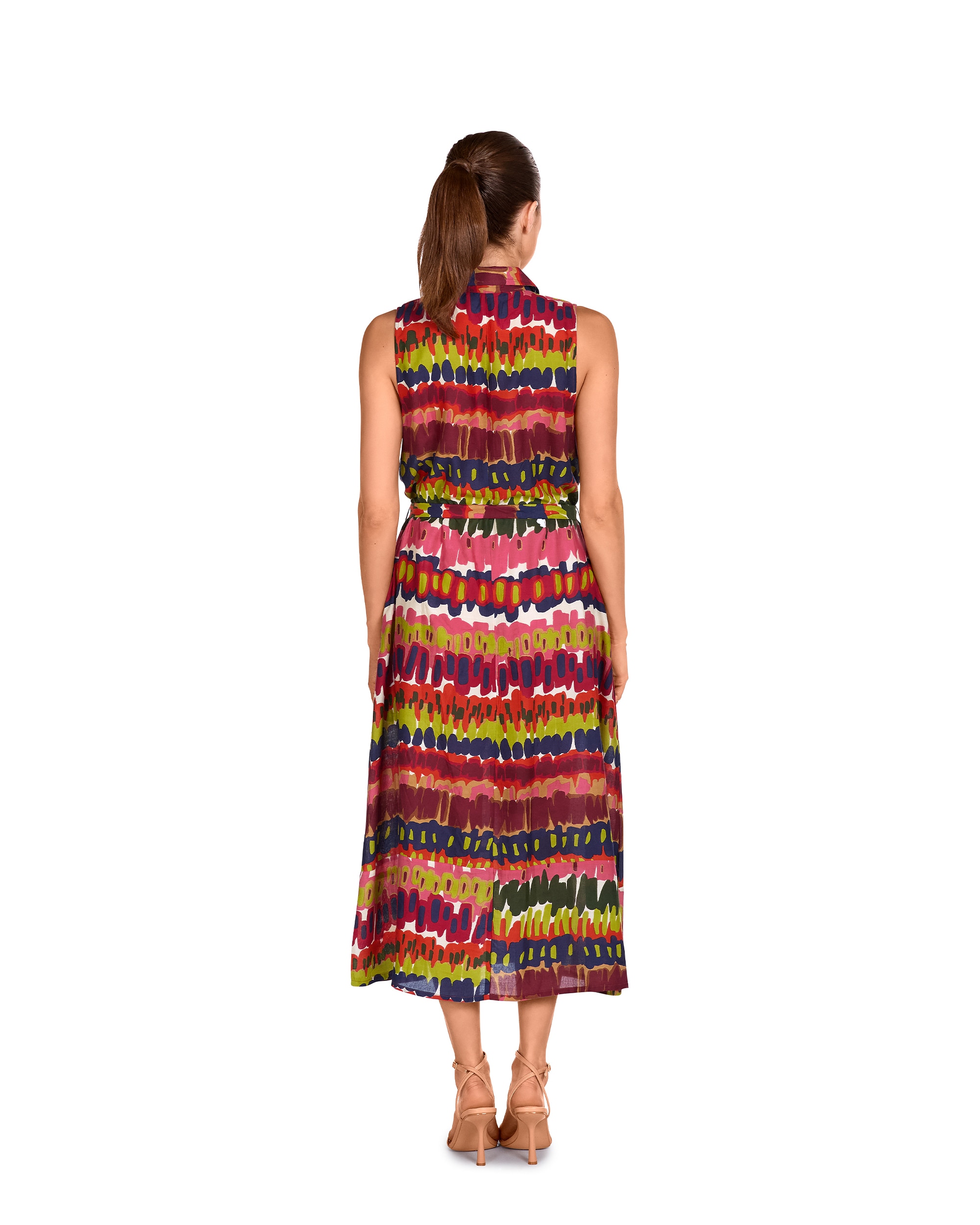 Vestido Midi Abotoado com Laço na Cintura e Estampado Abstrato Multicolor-2