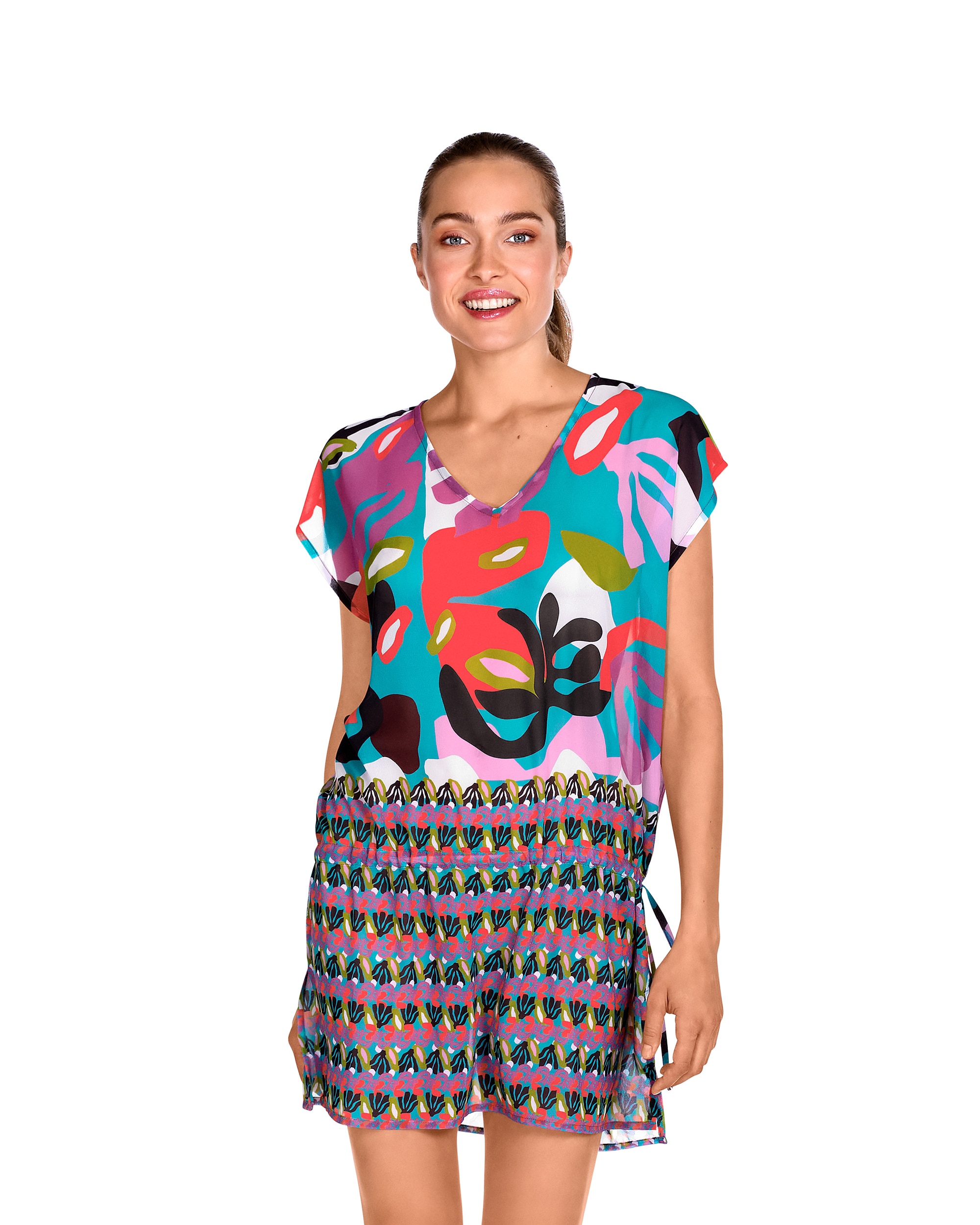 Vestido de Praia Curto com Estampado Geométrico e Laço para Franzir a Cintura Multicolor-1