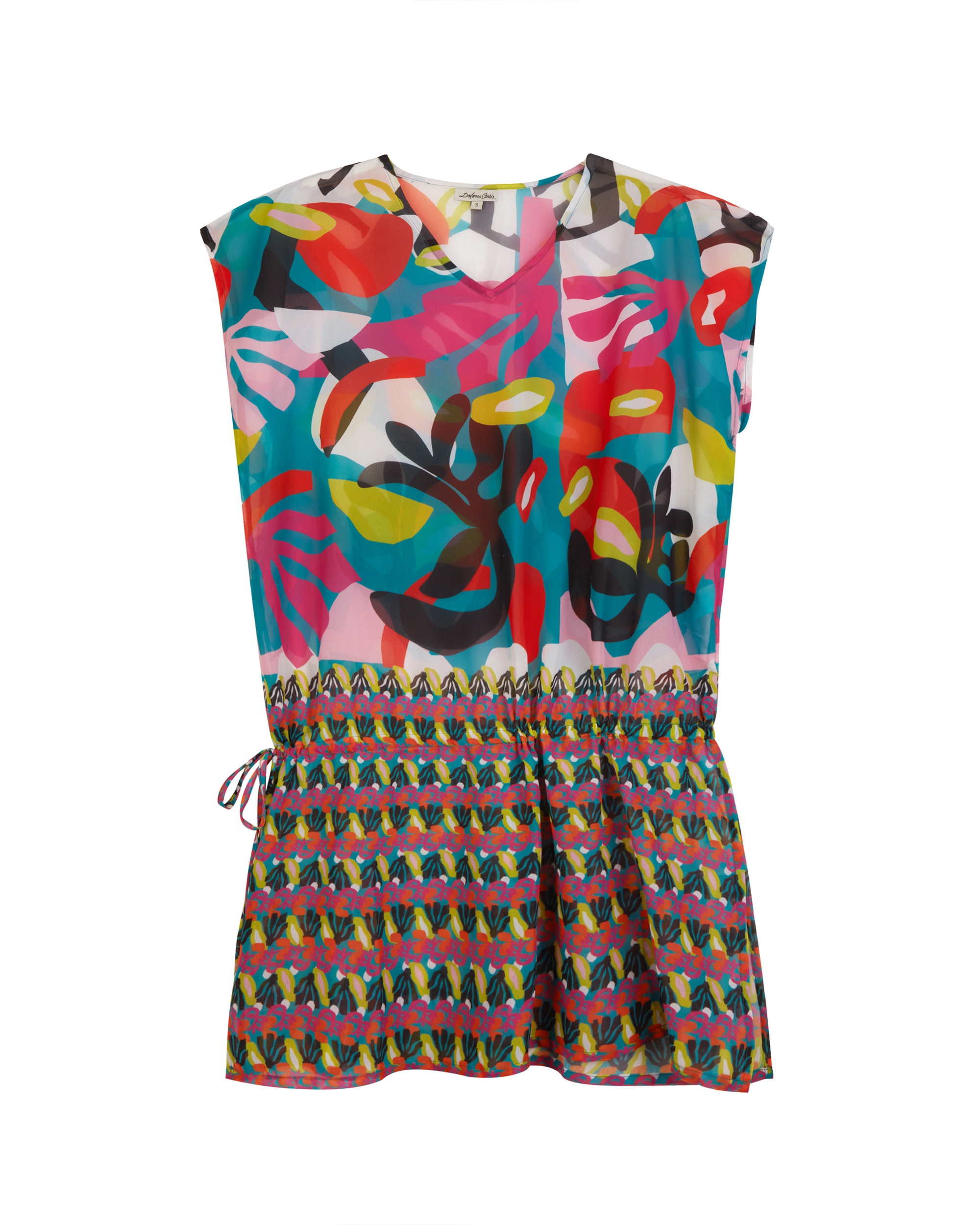 Vestido de Praia Curto com Estampado Geométrico e Laço para Franzir a Cintura Multicolor-3