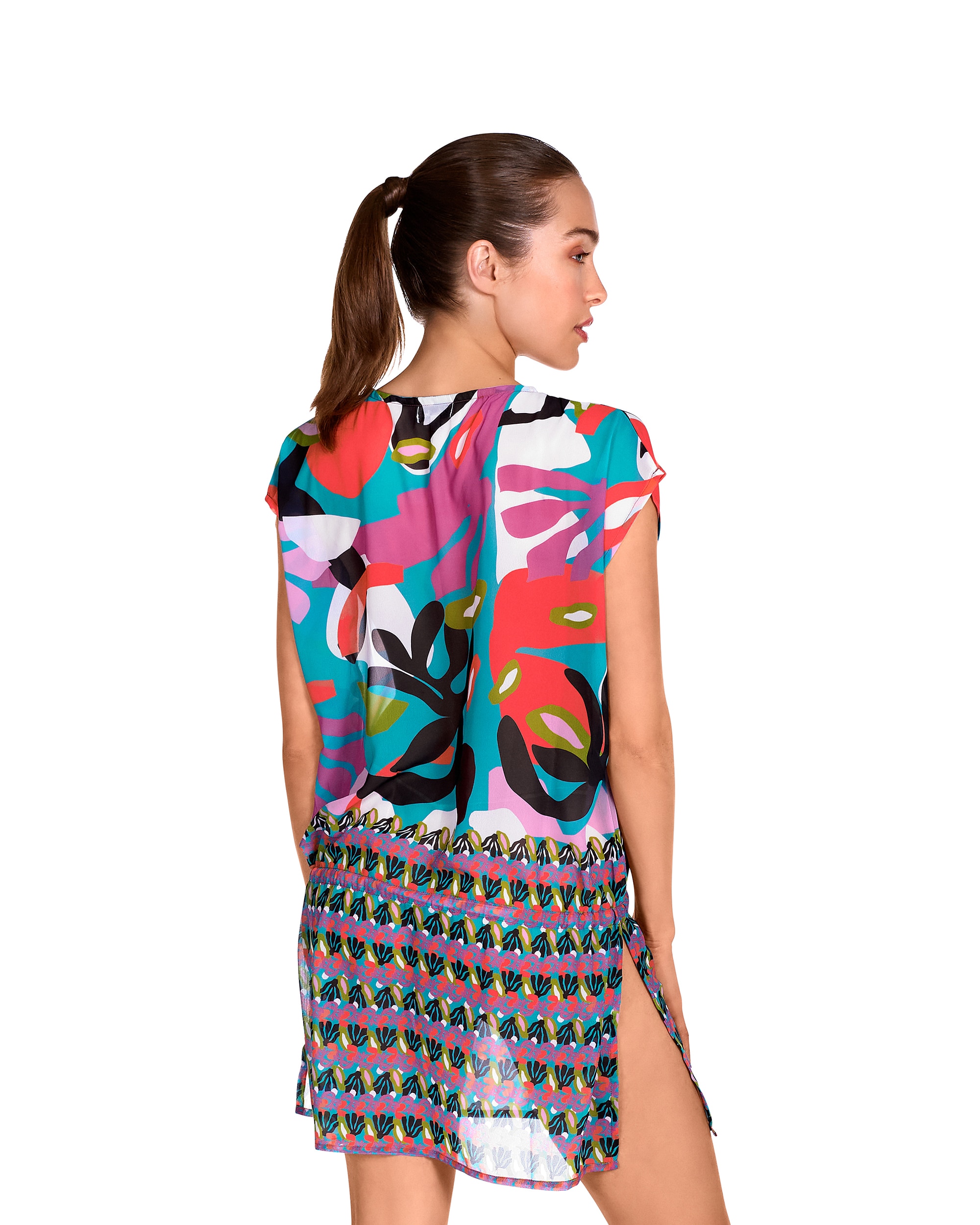 Vestido de Praia Curto com Estampado Geométrico e Laço para Franzir a Cintura Multicolor-2