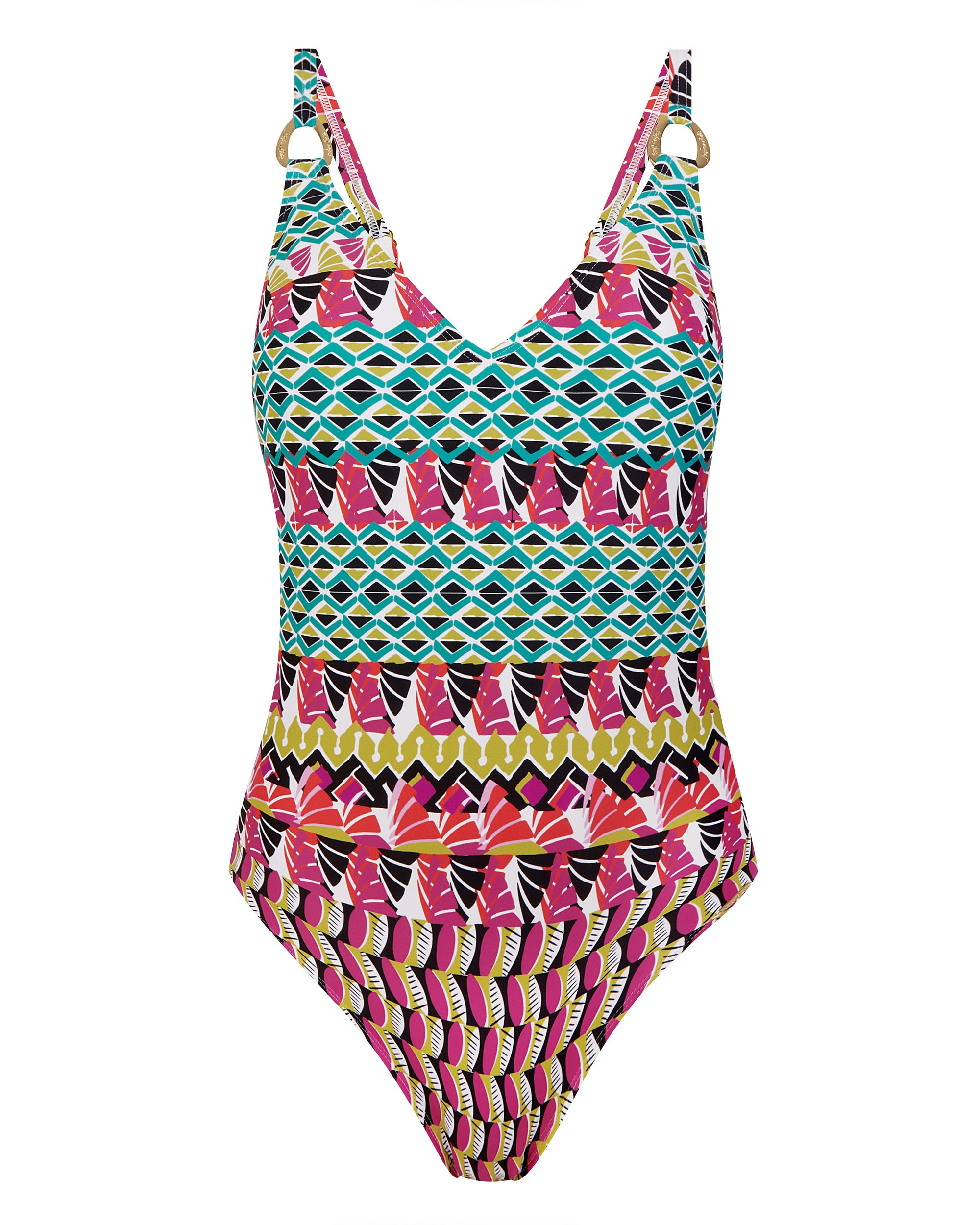Fato de Banho Shapewear Moldeador de Alças Reguláveis e Estampado Geométrico Multicolor-3