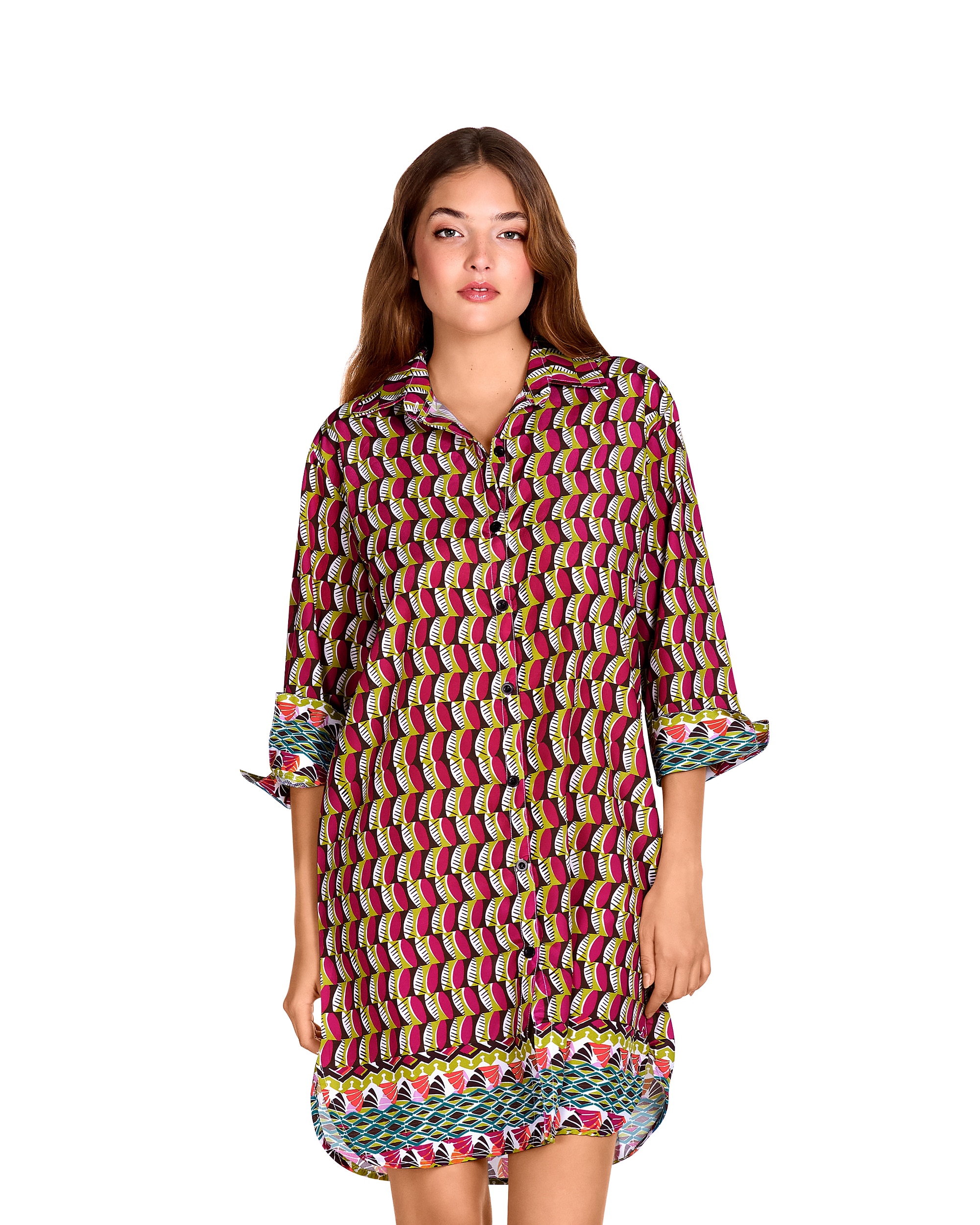 Imagem 0 de Vestido Curto com Botões à Frente e Estampado Combinado de Praia