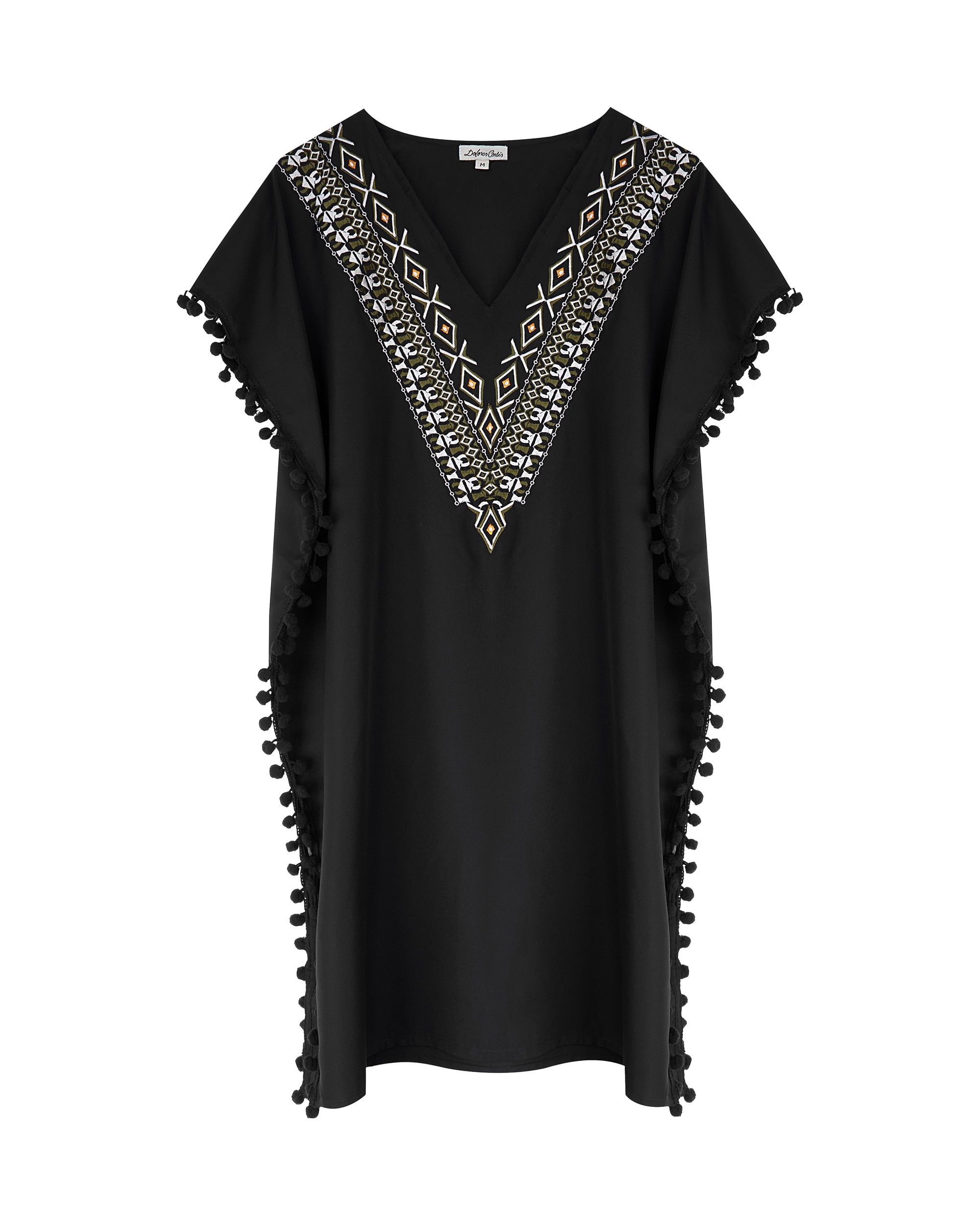 Vestido de Praia com Pompons e Bordado Frontal em Preto Preto-3