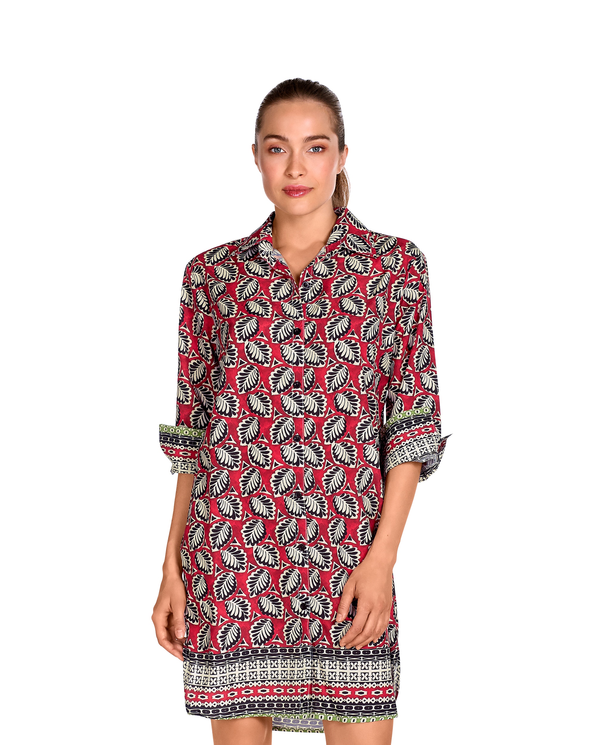 Imagem 0 de Vestido de Praia Curto com Botões de Manga 3/4 e Estampado Combinado