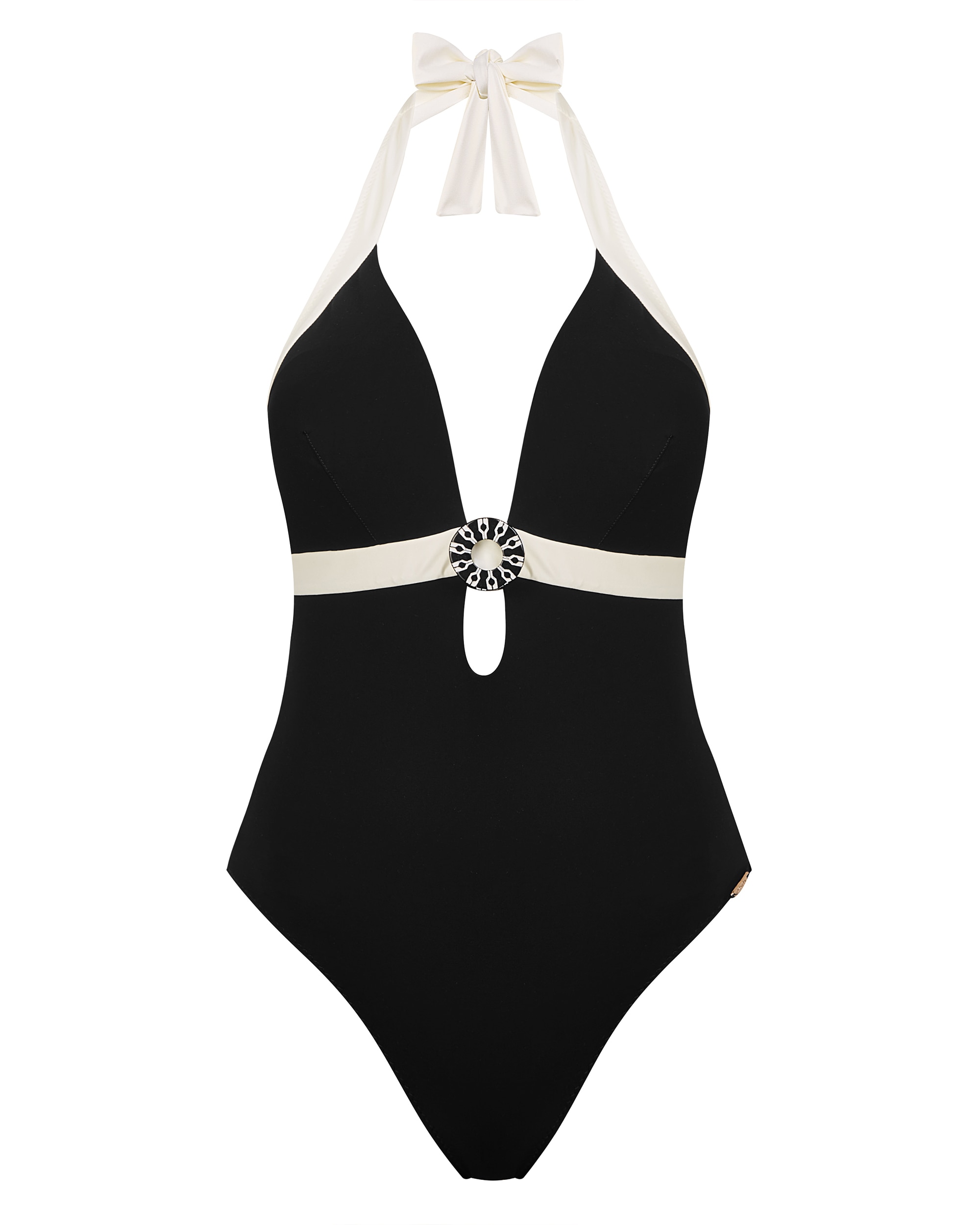Fato de Banho da Coleção Passarela com Alças Multiposições e Tecido Liso em Preto e Branco Preto / Branco-3