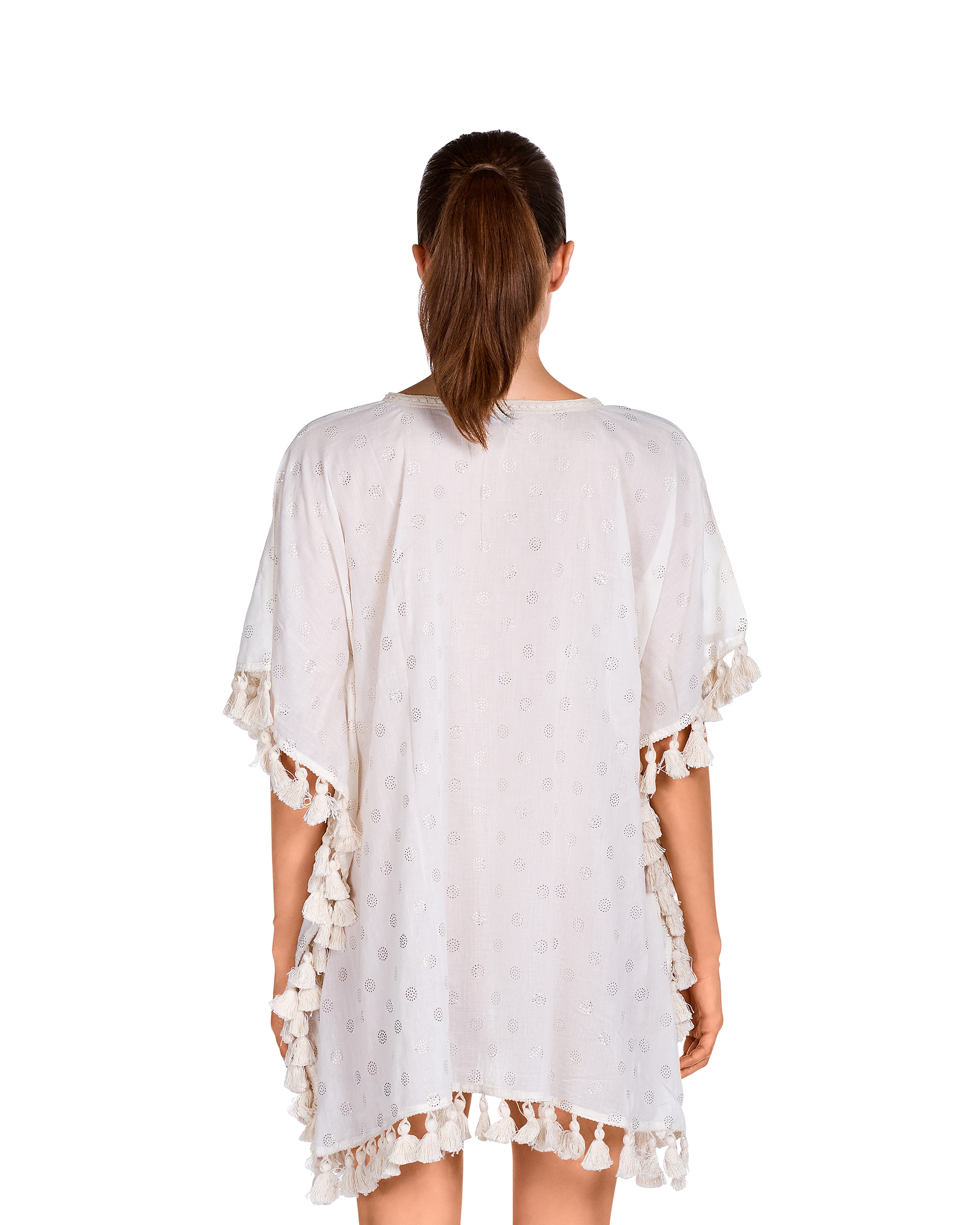 Vestido de Praia Curto com Pompons e Estampado em Cru com Círculos Dourados Cru-2
