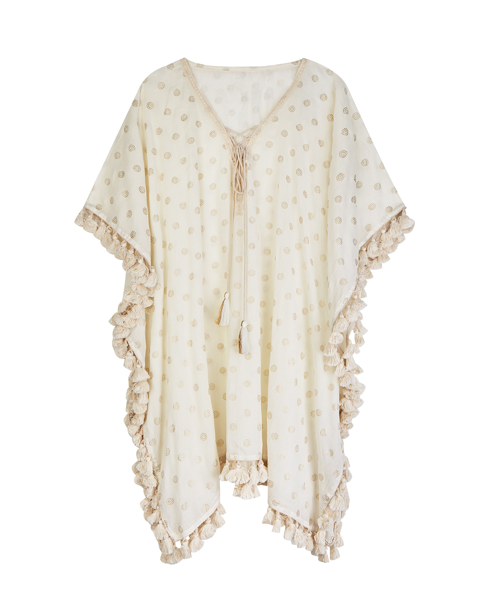Vestido de Praia Curto com Pompons e Estampado em Cru com Círculos Dourados Cru-3