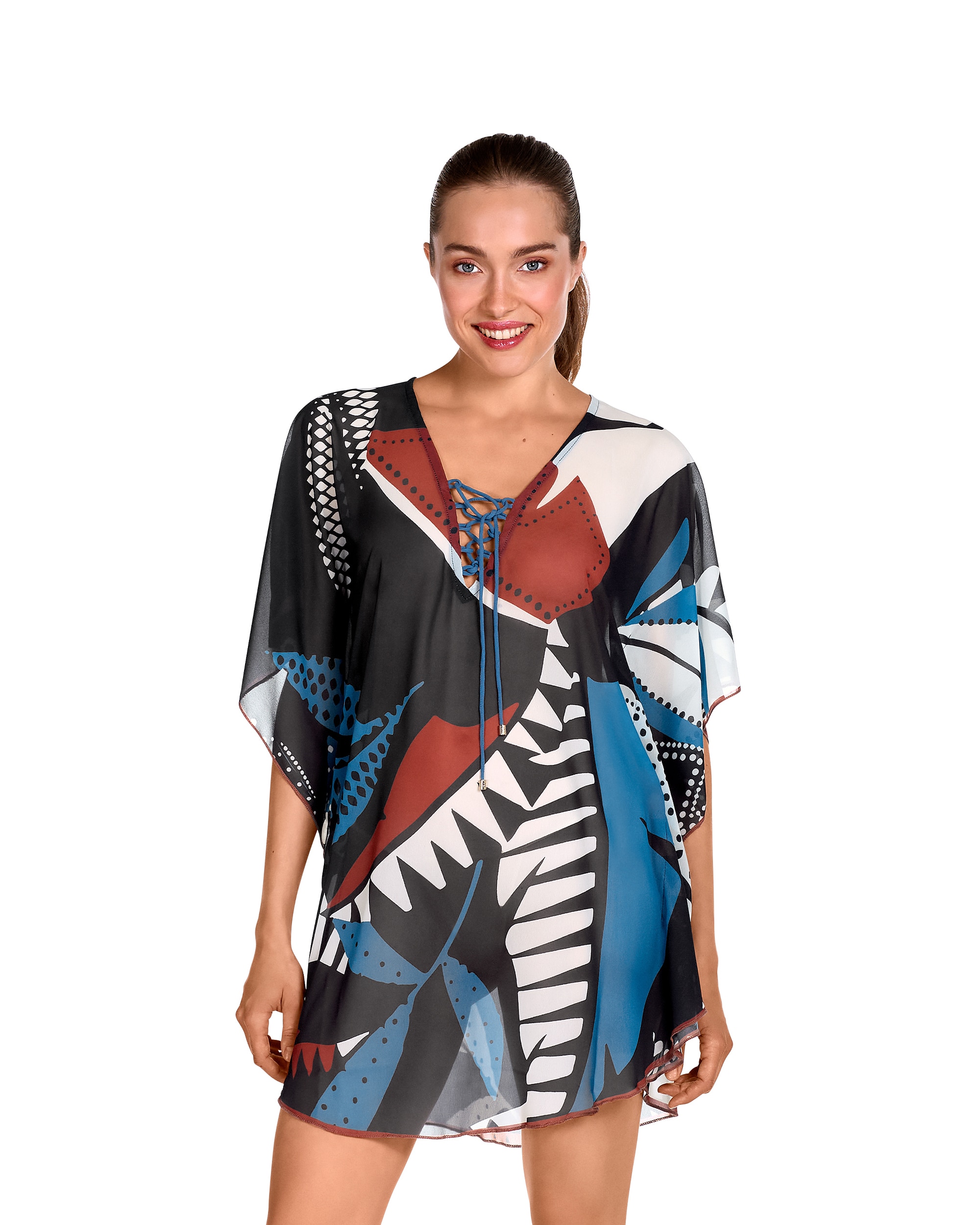 Imagem 0 de Vestido de Praia Curto com Laço Ajustável no Decote e Estampado de Folhas