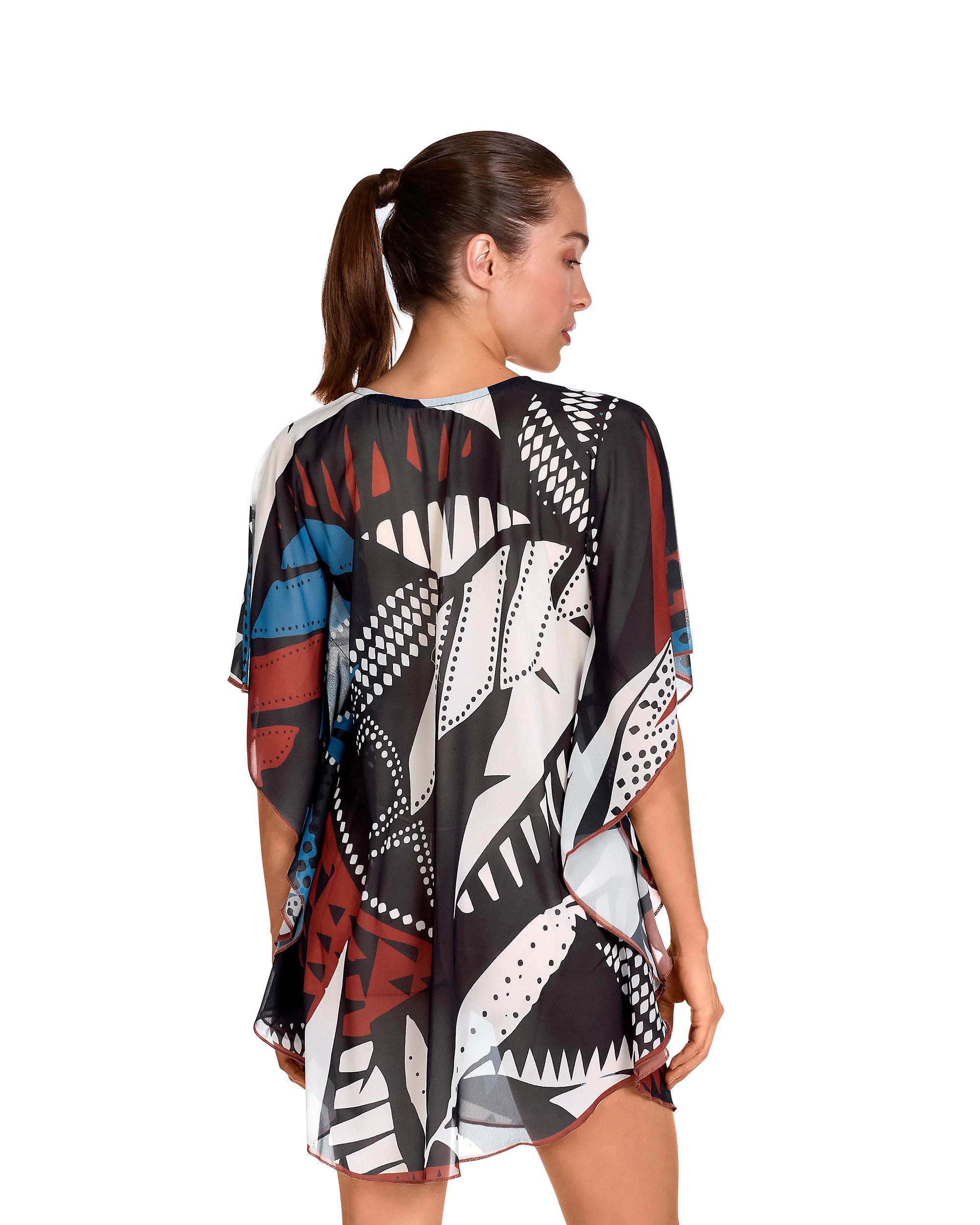 Vestido de Praia Curto com Laço Ajustável no Decote e Estampado de Folhas Multicolor-2