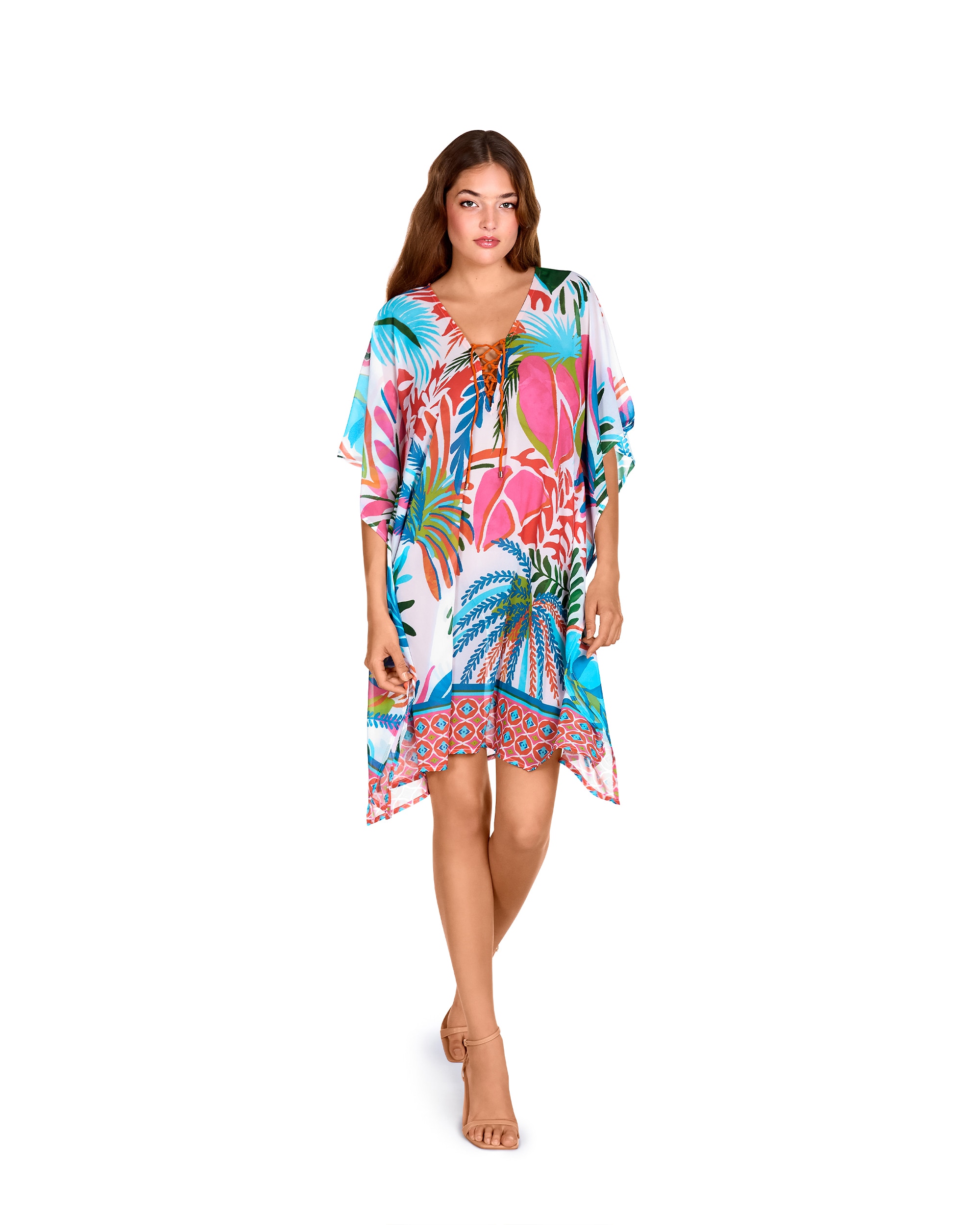 Imagem 0 de Vestido de Praia Curto com Franjas e Estampado Combinado