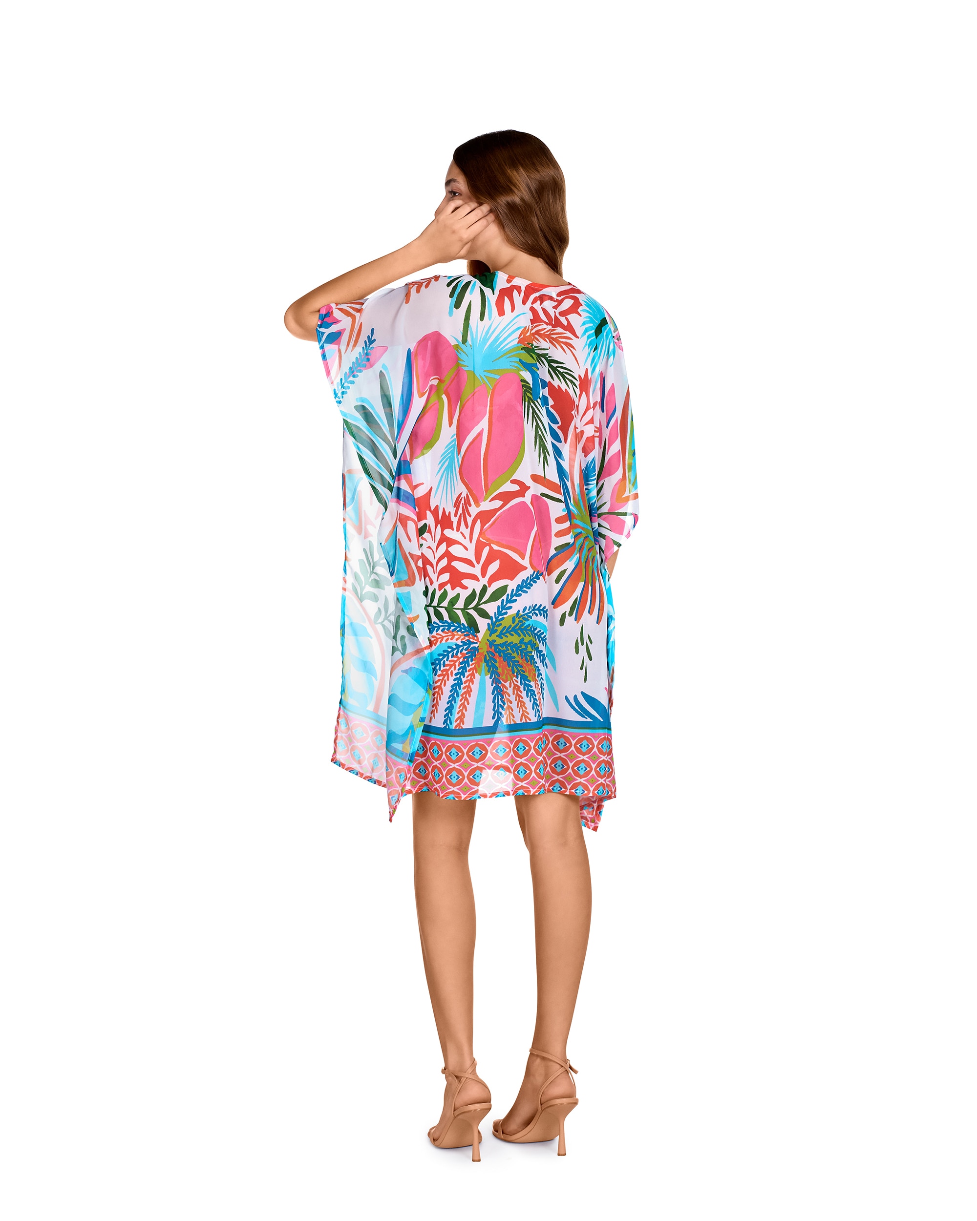 Vestido de Praia Curto com Franjas e Estampado Combinado Multicolor-2