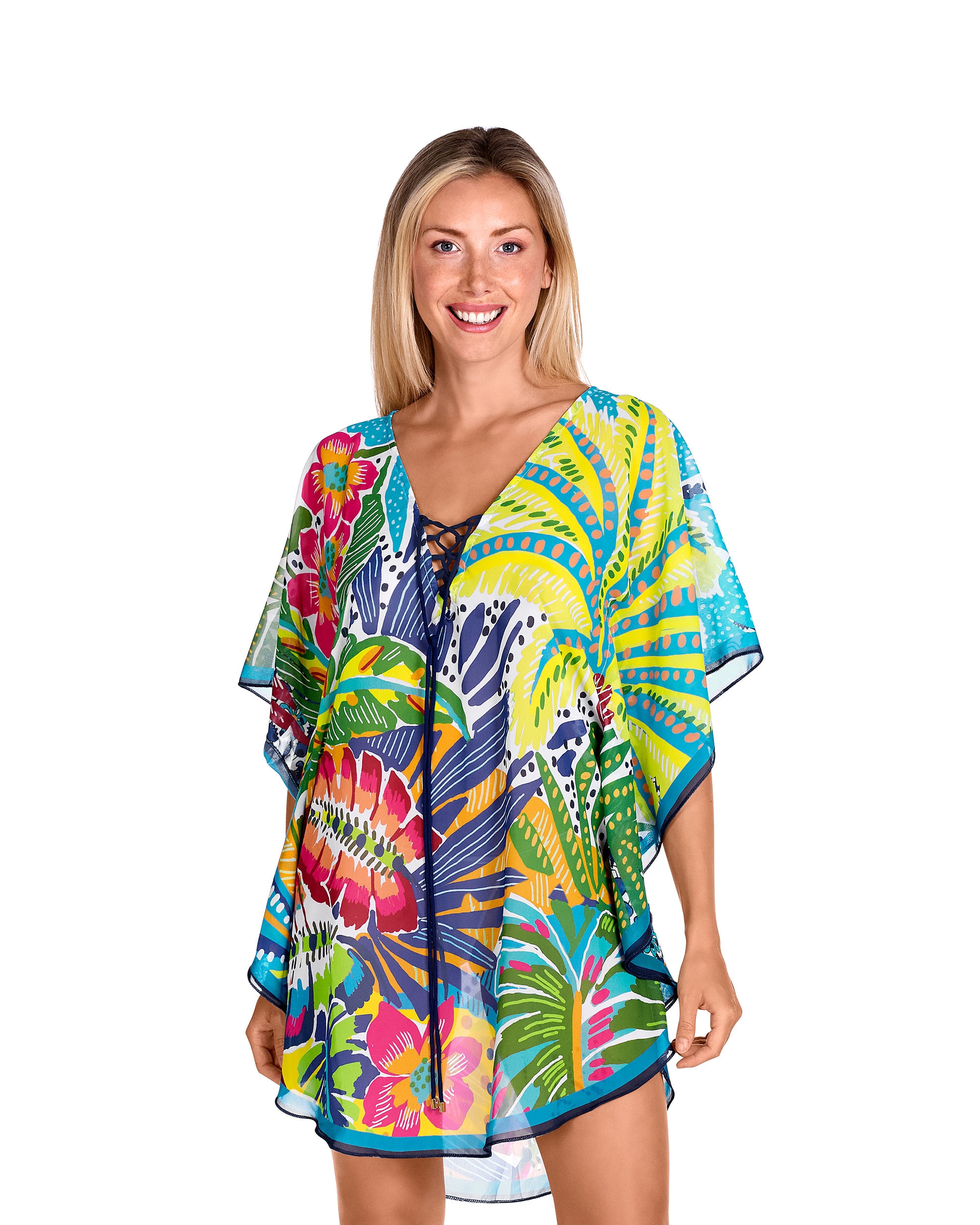 Imagem 0 de Vestido de Praia Curto com Laço Ajustável no Decote e Estampado Tropical