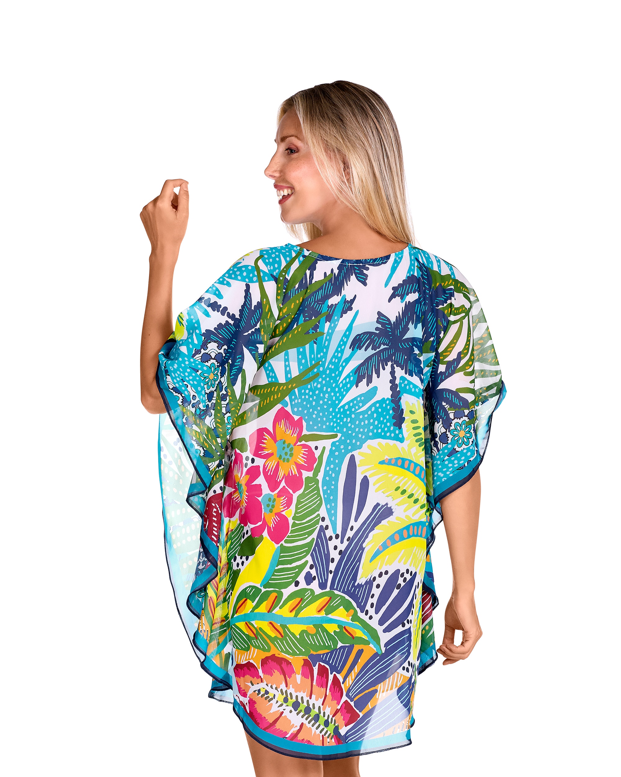 Vestido de Praia Curto com Laço Ajustável no Decote e Estampado Tropical Multicolor-2