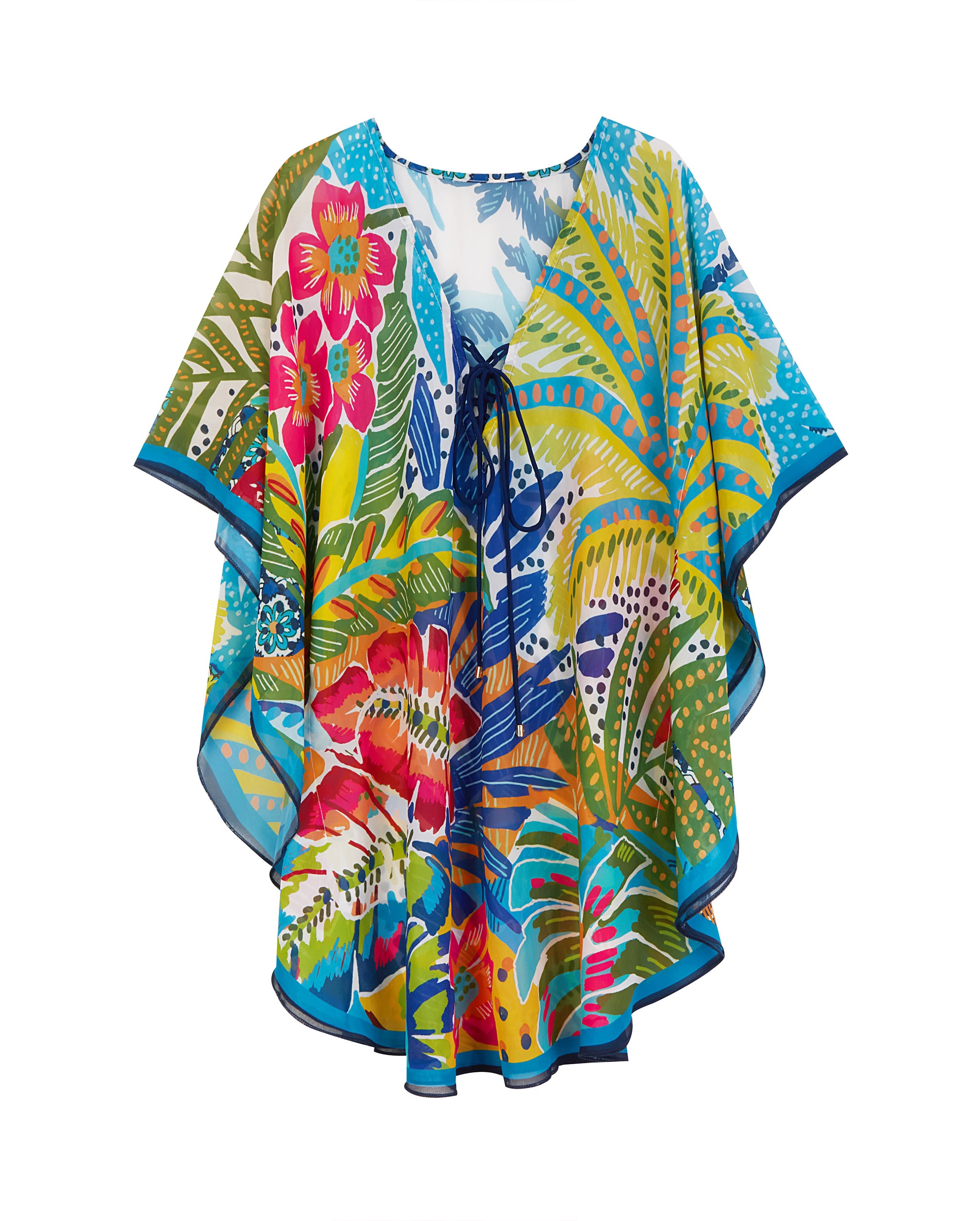 Vestido de Praia Curto com Laço Ajustável no Decote e Estampado Tropical Multicolor-3
