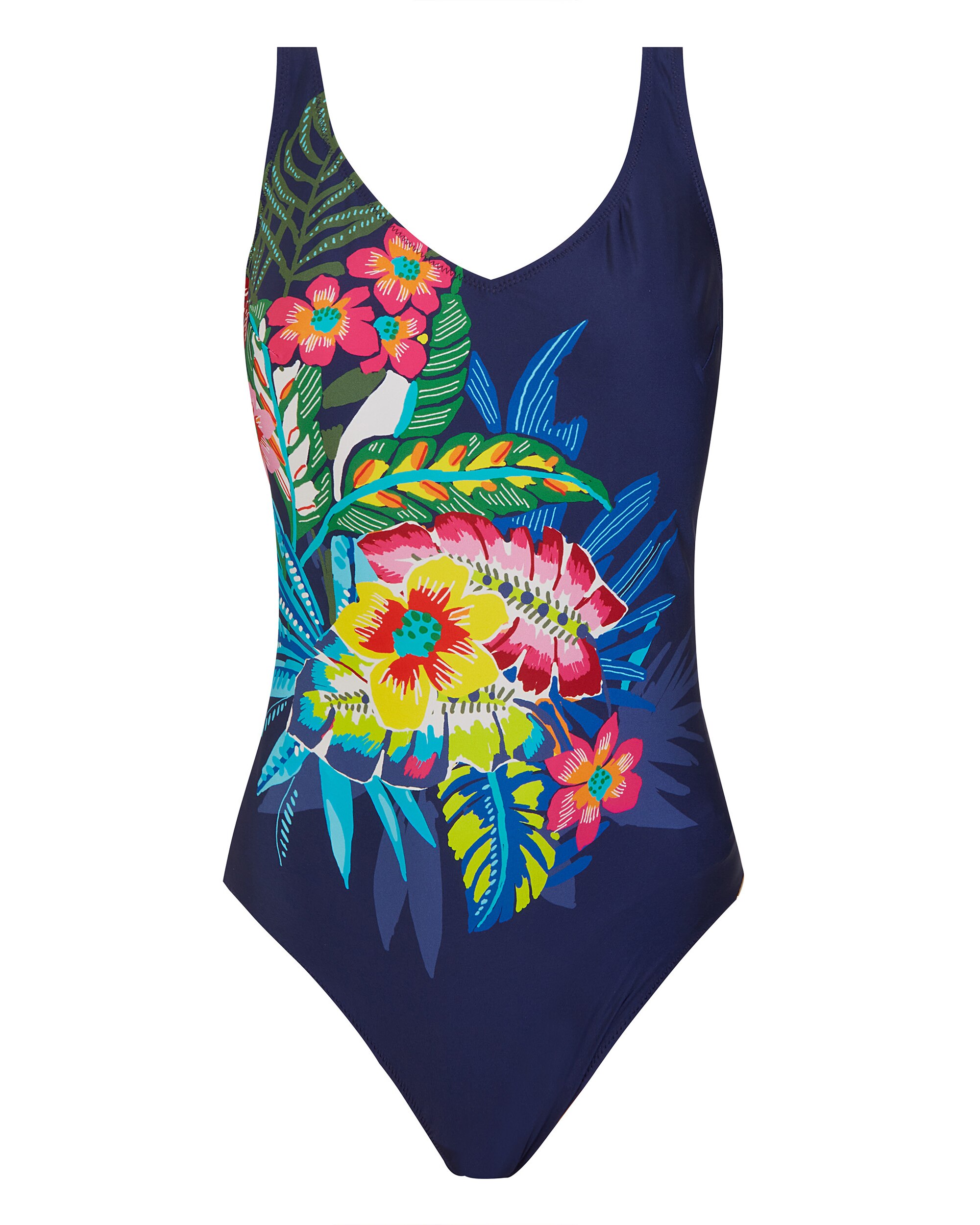 Fato de Banho Shapewear Modelador com Alças Fixas e Estampado Tropical Azul-marinho-3