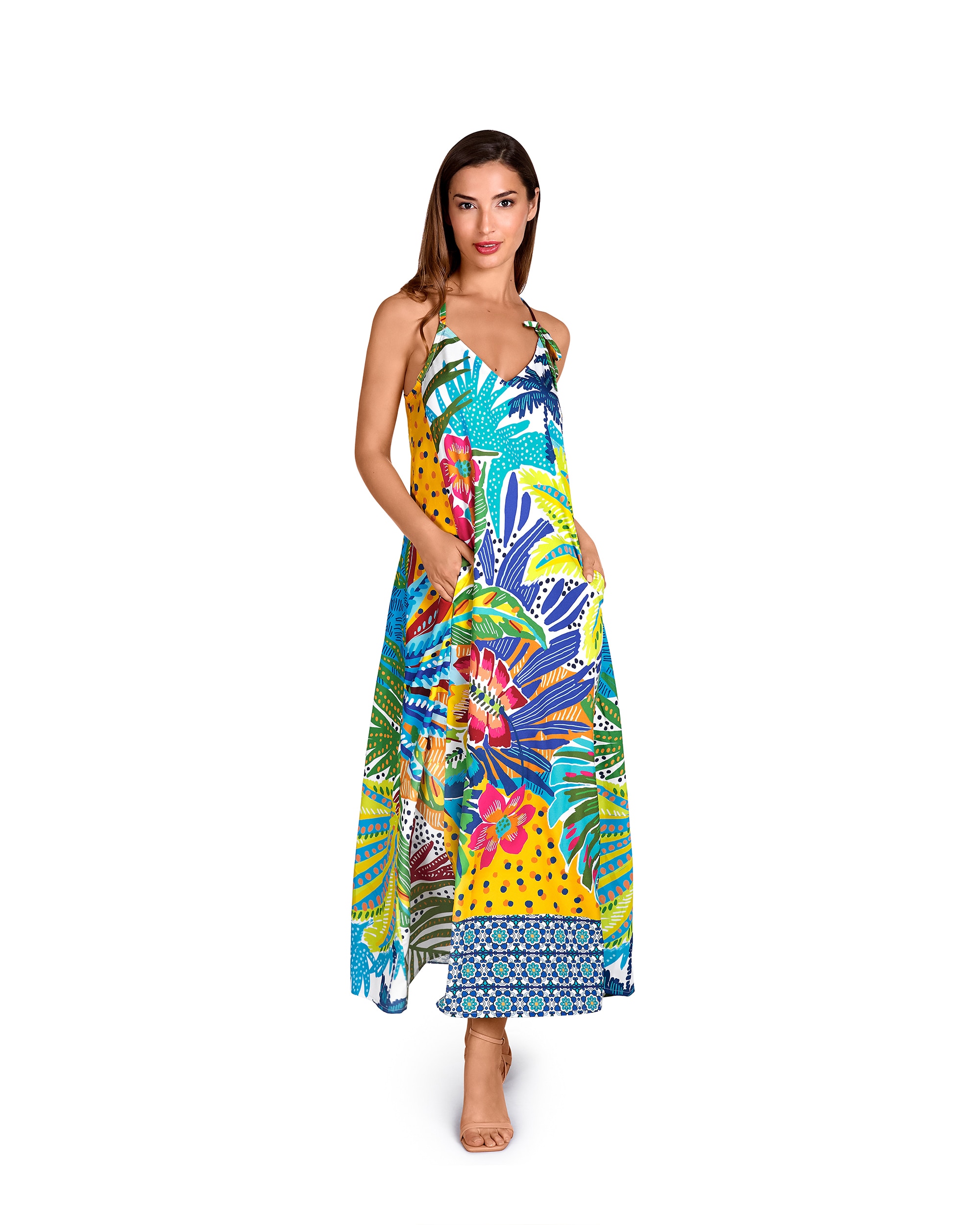 Imagem 0 de Vestido Comprido de Alças e Estampado Tropical