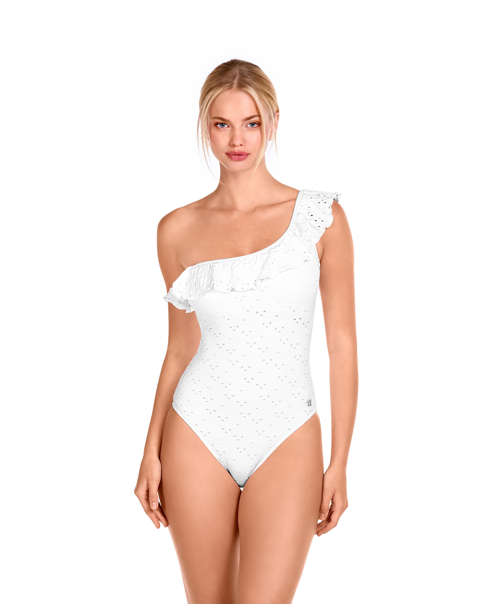 Fato de Banho Assimétrico com Folho e Estampado em Branco com Tecido Perfurado Branco-1