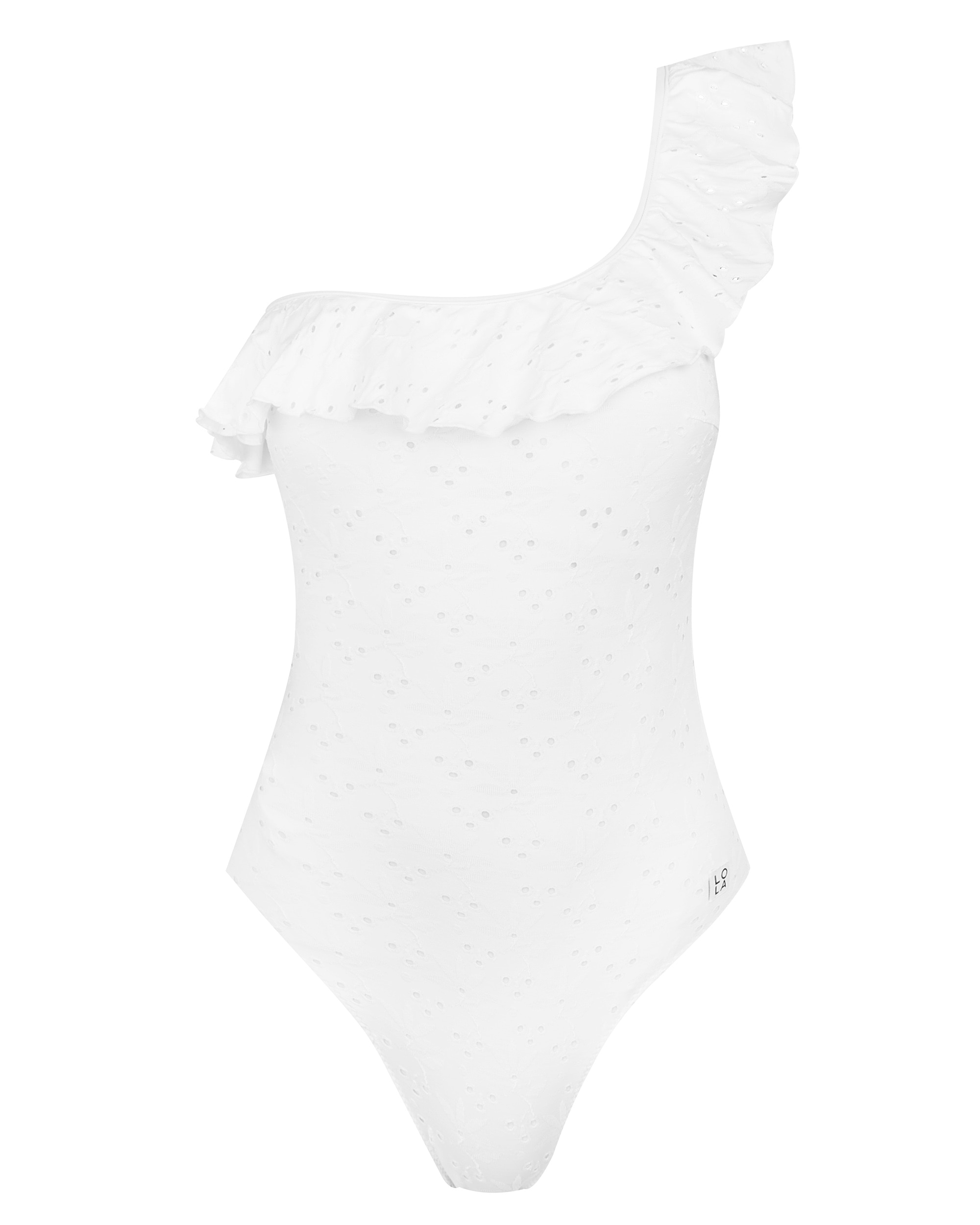 Fato de Banho Assimétrico com Folho e Estampado em Branco com Tecido Perfurado Branco-3