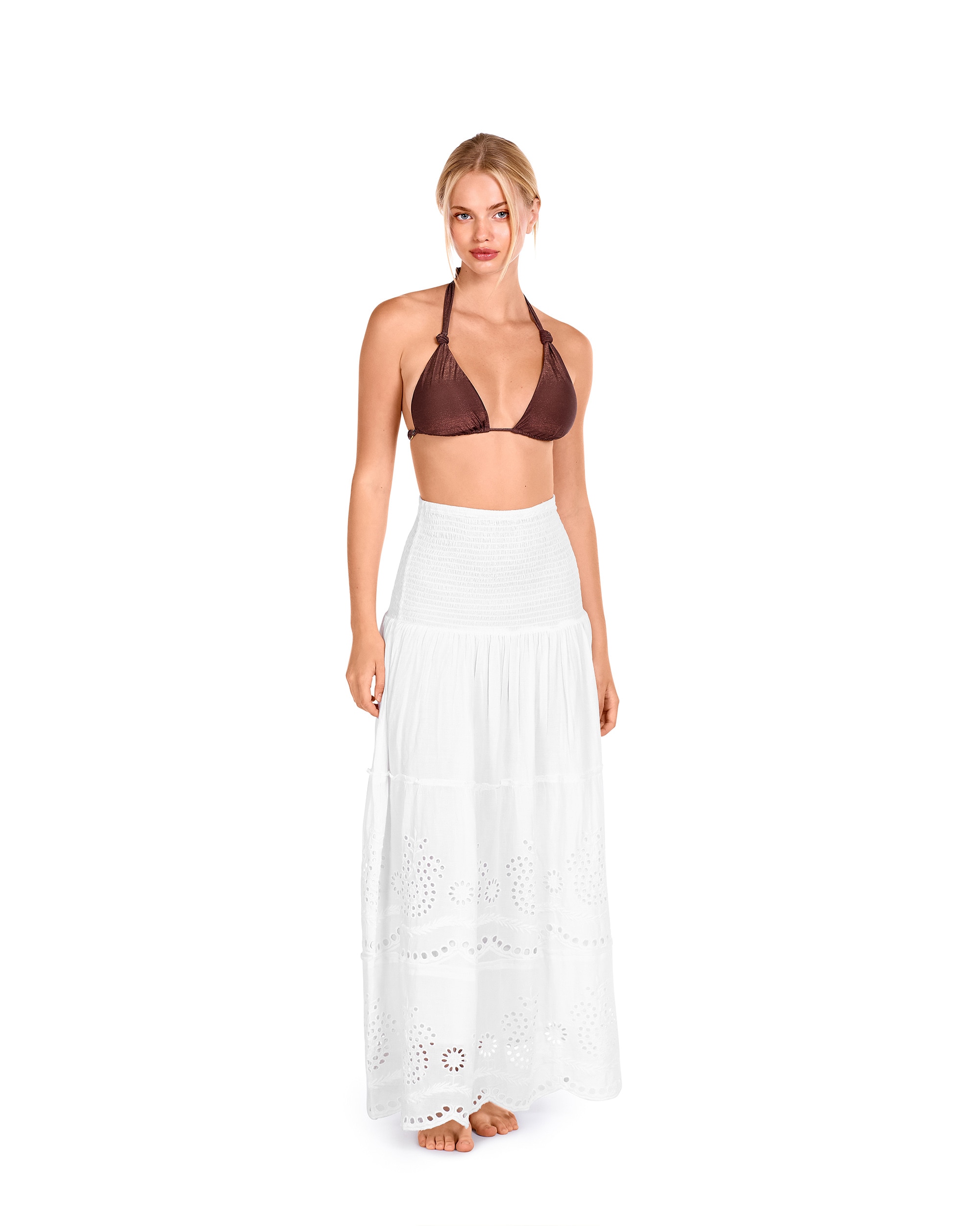 Vestido Midi com Estampado em Branco Perfurado Branco-2