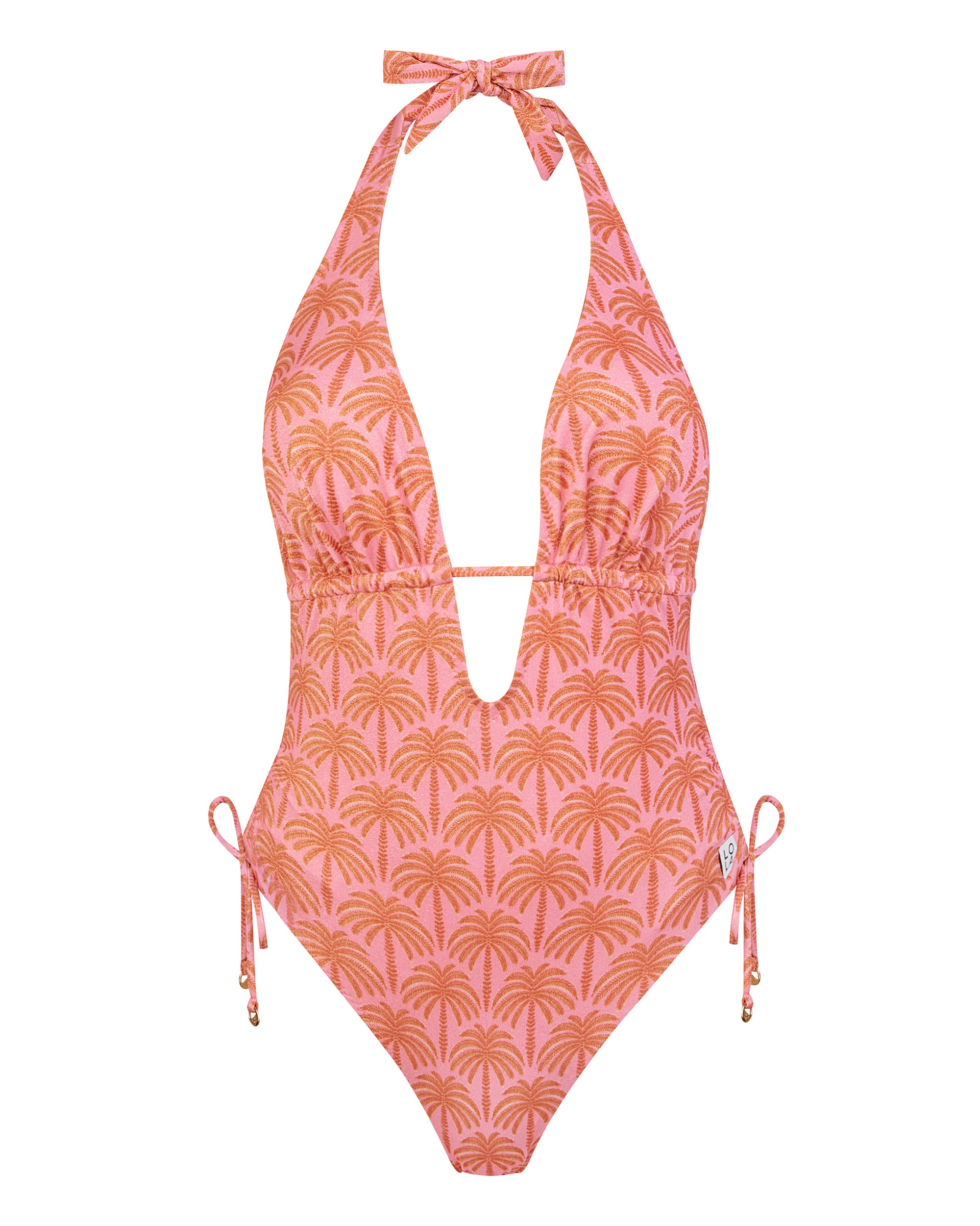 Fato de Banho Halter com Estampado de Palmeiras com Lurex e Atado Ao Pescoço Rosa-3