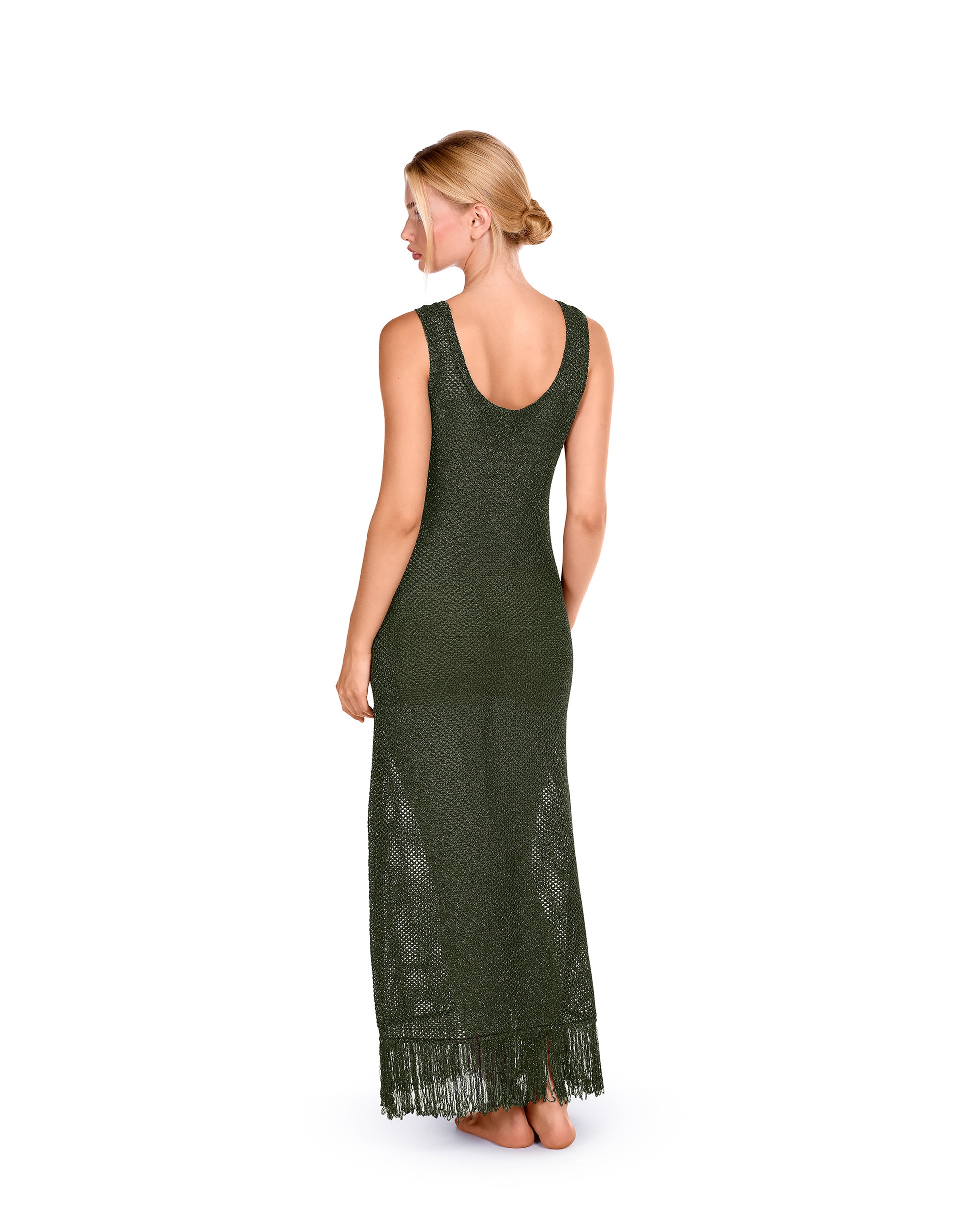 Vestido com Tecido Perfurado e Transparências Verde-escuro-2