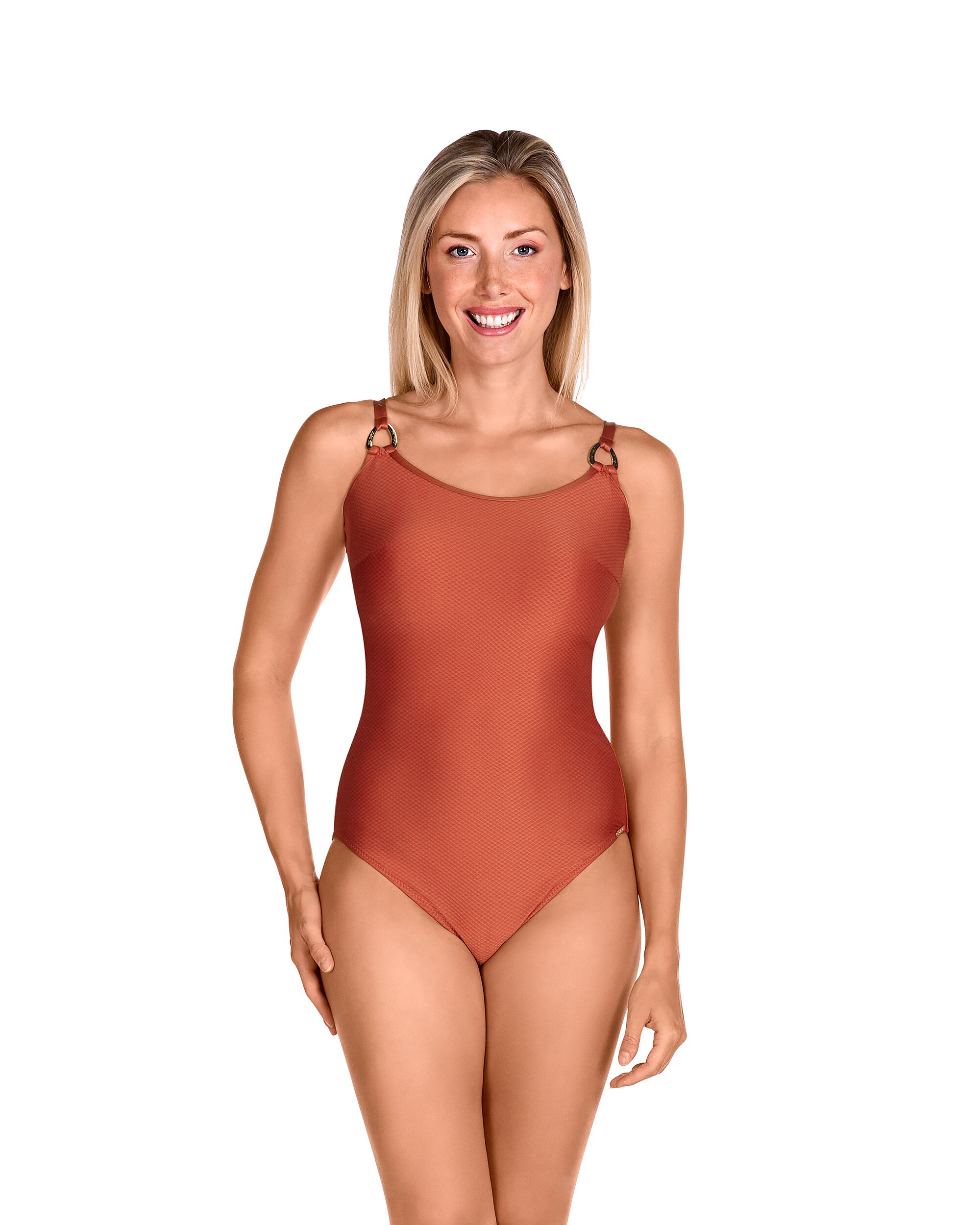 Imagem 0 de Fato de Banho Redutor Pós-cirurgia com Alças Reguláveis e Estampado Liso com Lurex em Telha