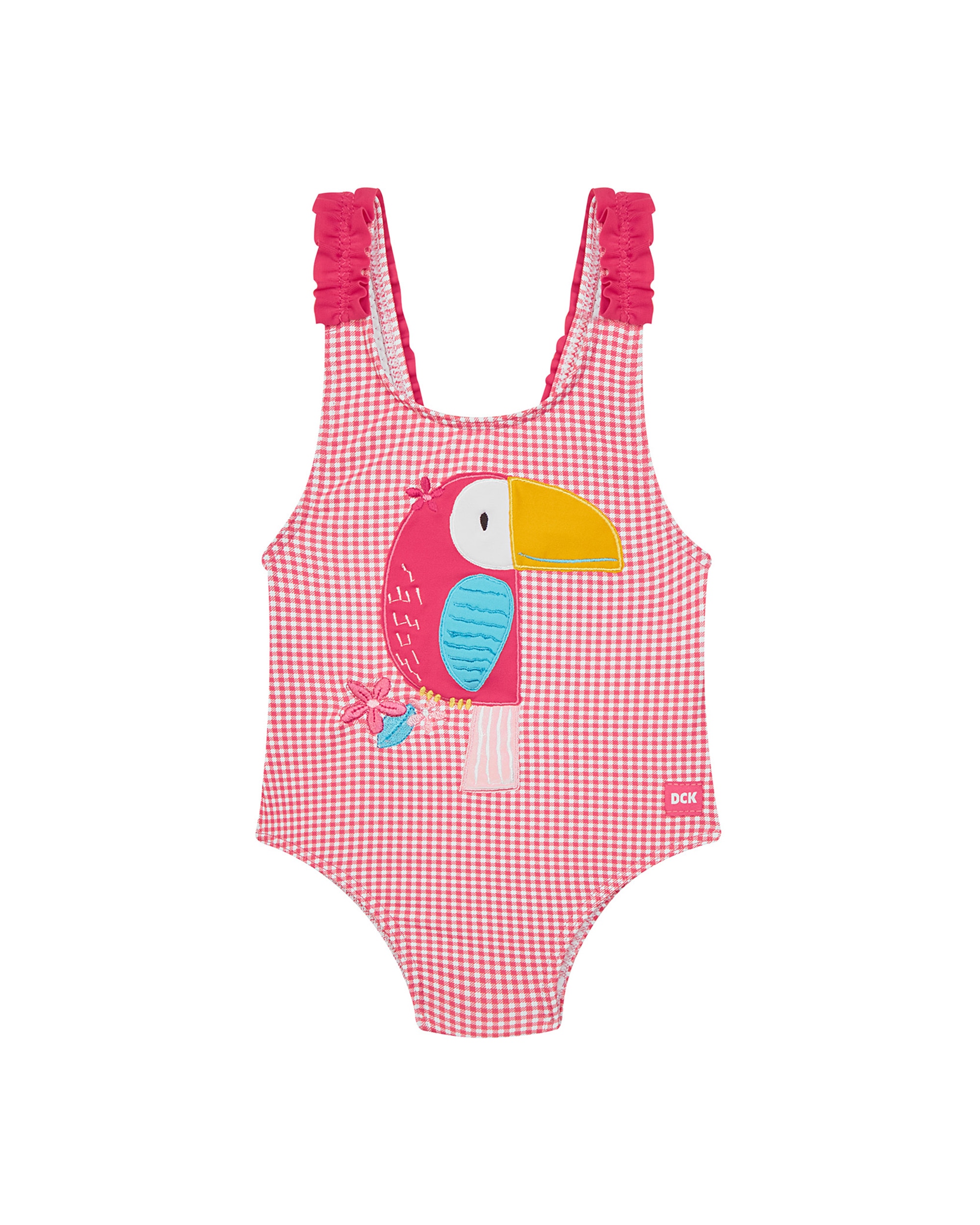 Imagem 0 de Fato de Banho para Bebé de Alças com Folho e Estampado Vichy em Rosa