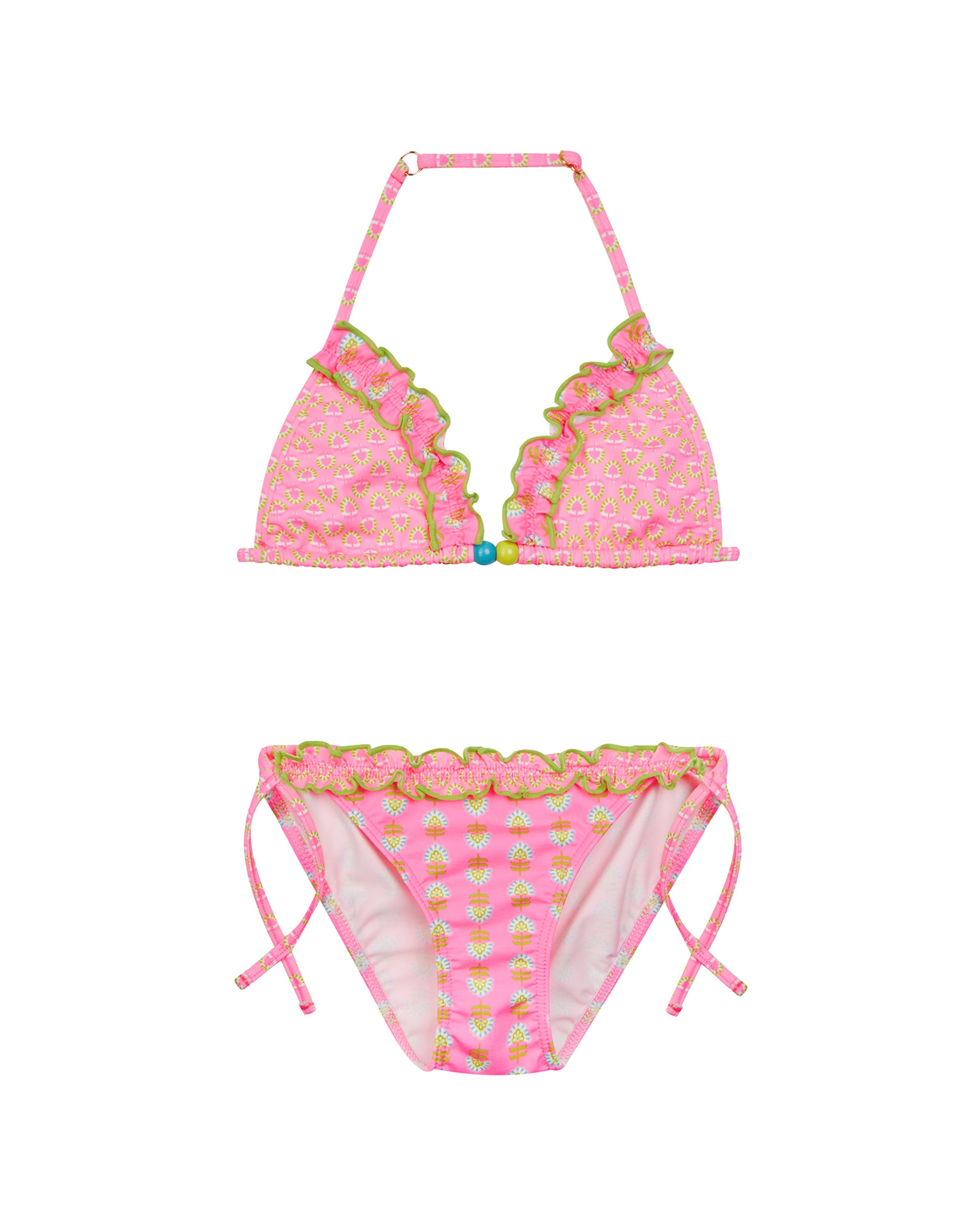 Imagem 0 de Biquíni Infantil Triângulo com Folhos, Adorno Bolas e Estampado Étnico