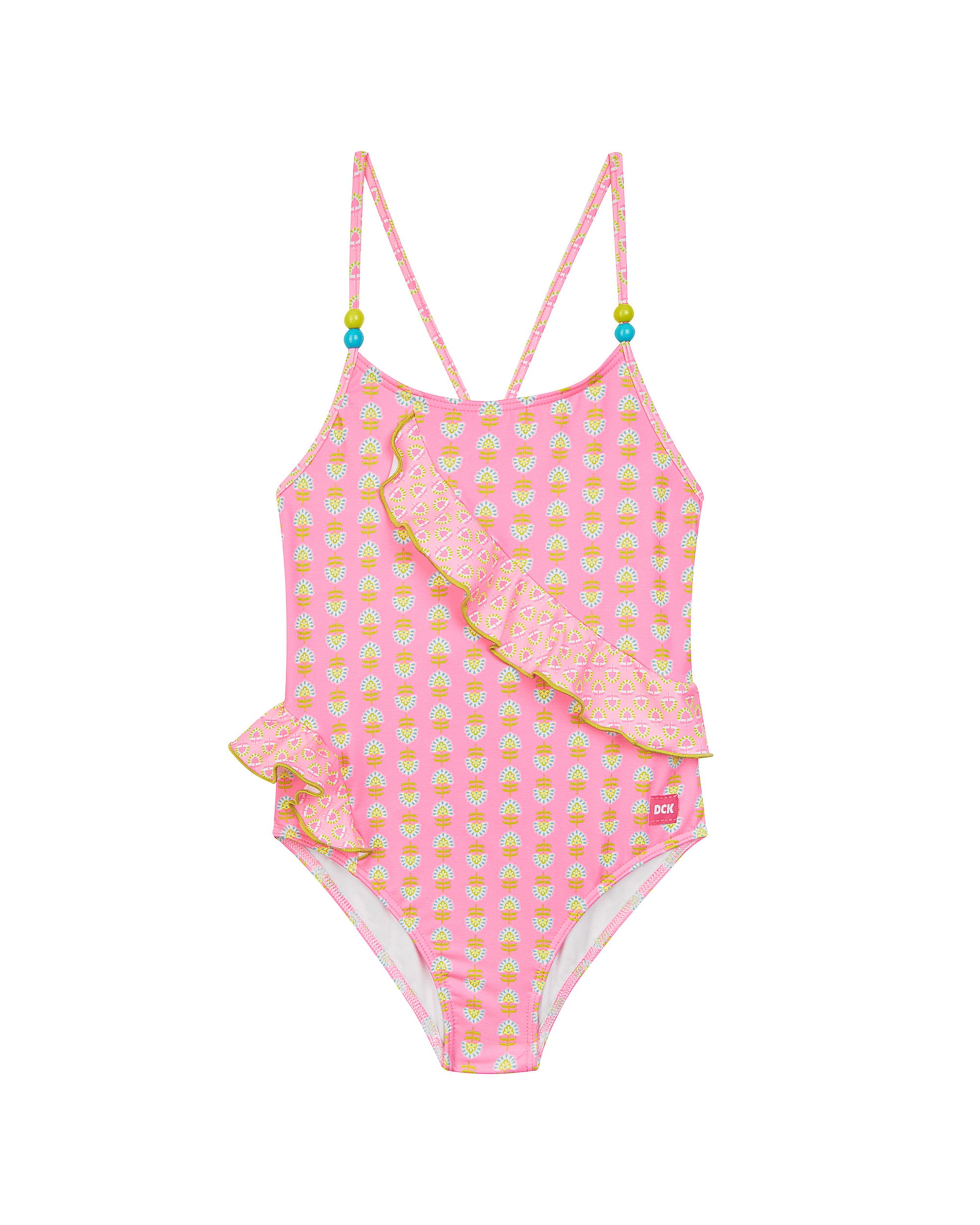 Imagem 0 de Fato de Banho Infantil com Alças Cruzadas, Adorno Bolas e Estampado Étnico