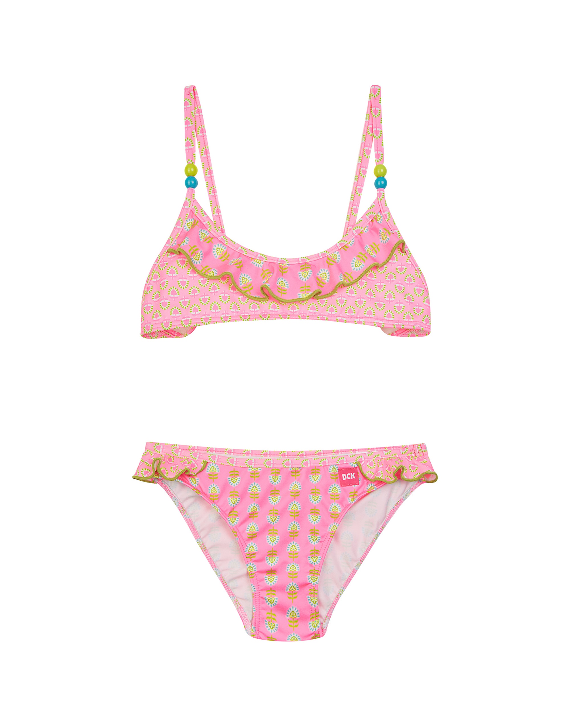 Biquíni Infantil com Alças Cruzadas, Adorno de Bolas e Estampado Étnico DOLORES CORTÉS Rosa-1