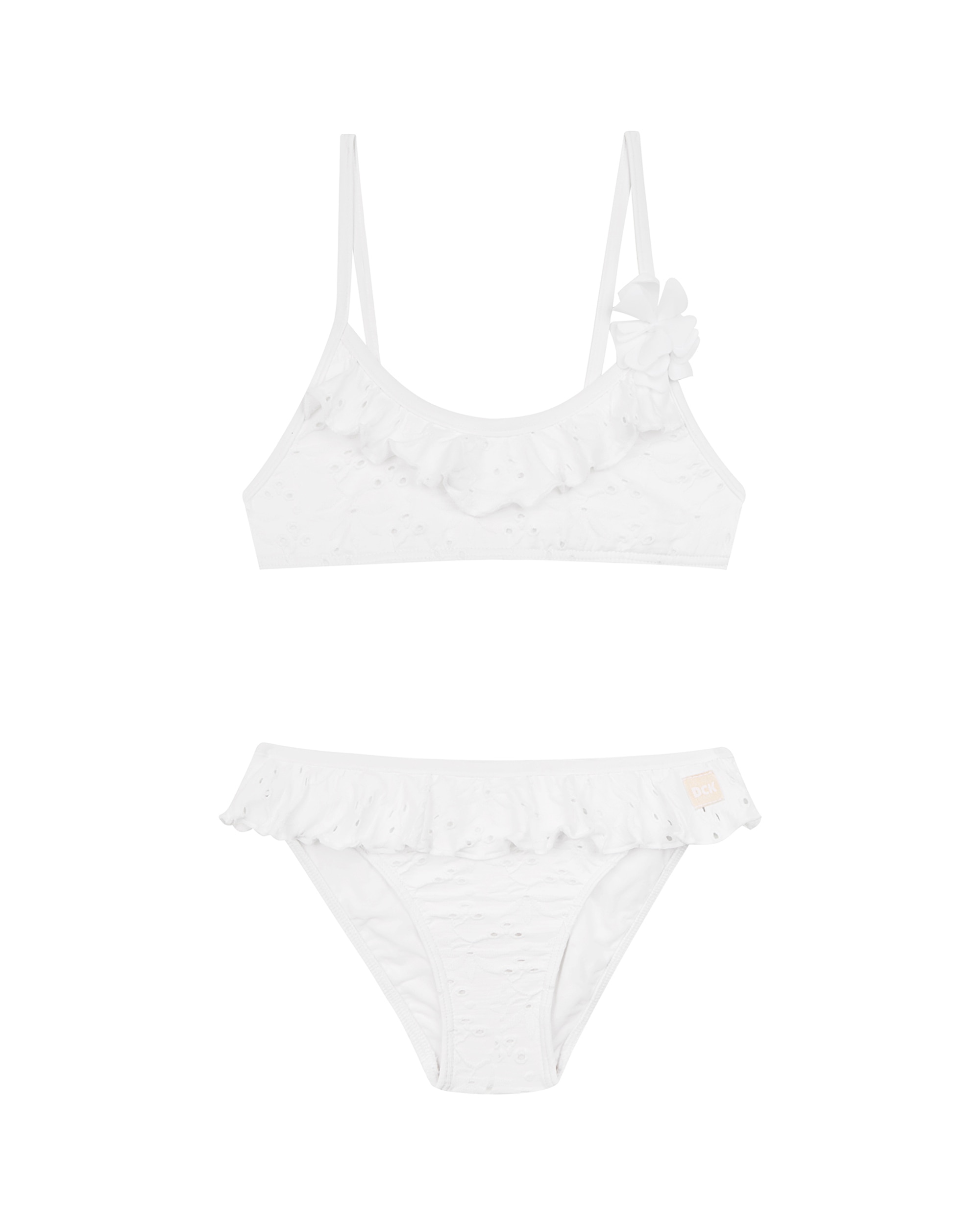 Imagem 0 de Biquíni Infantil com Tecido Perfurado em Branco, Alças Fixas e Folhos