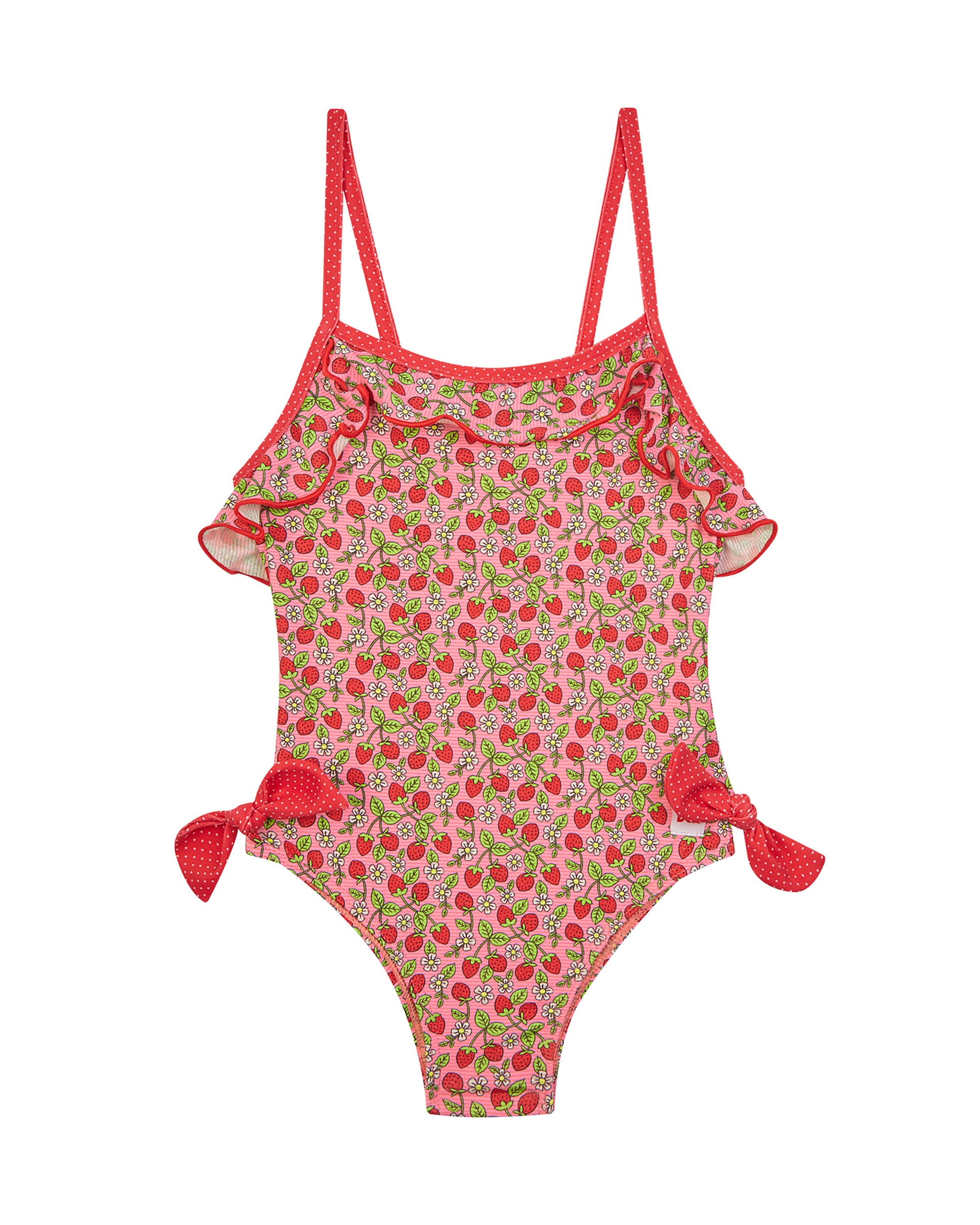 Imagem 0 de Fato de Banho Infantil com Tecido Estampado de Morangos, Alças e Folho no Decote