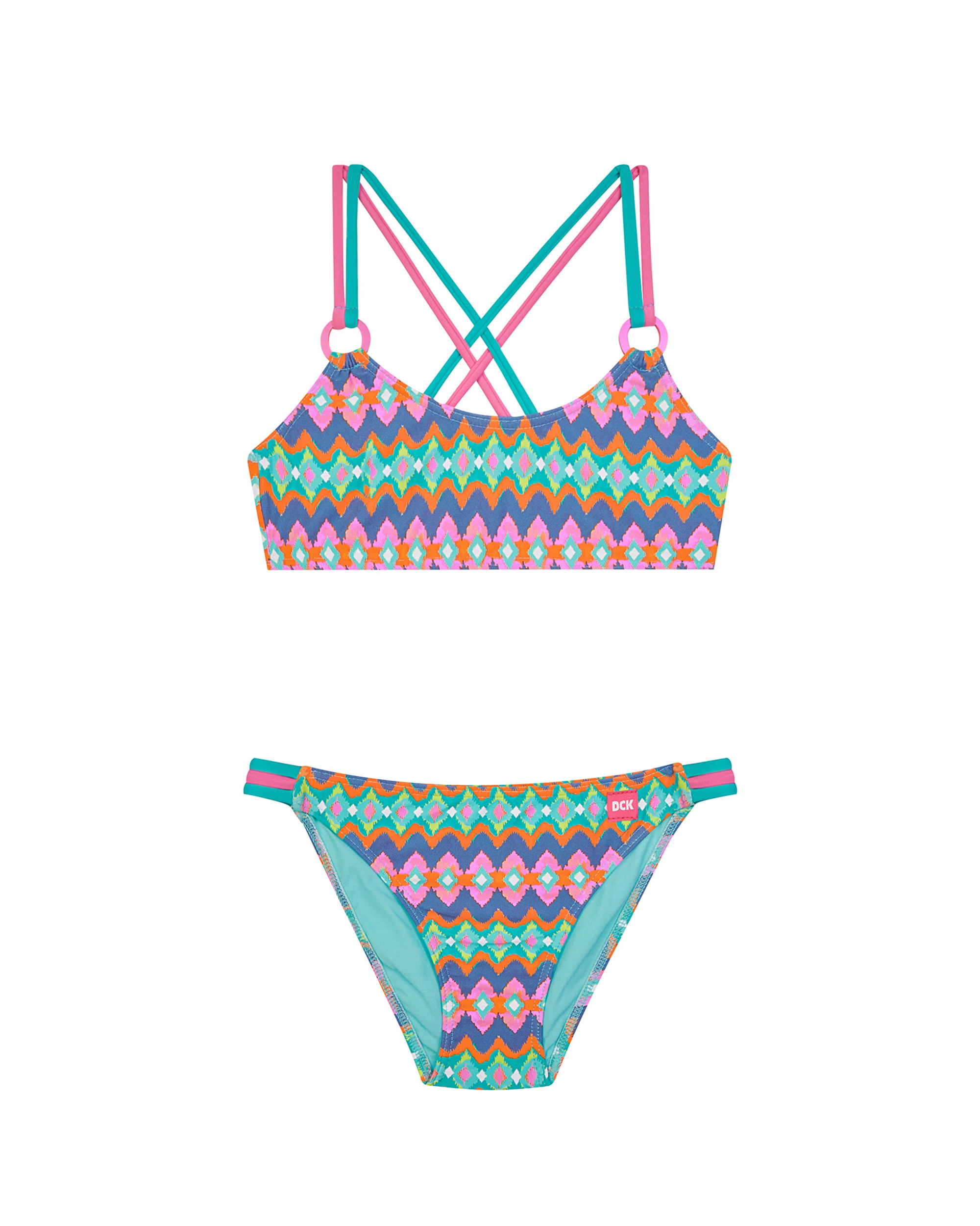 Imagem 0 de Biquíni Infantil com Alças Duplas, Adorno de Argolas e Estampado Multicolor