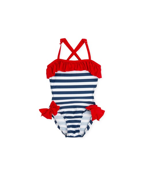 Imagem 0 de Fato de Banho de Bebé com Folhos e Estampado às Riscas