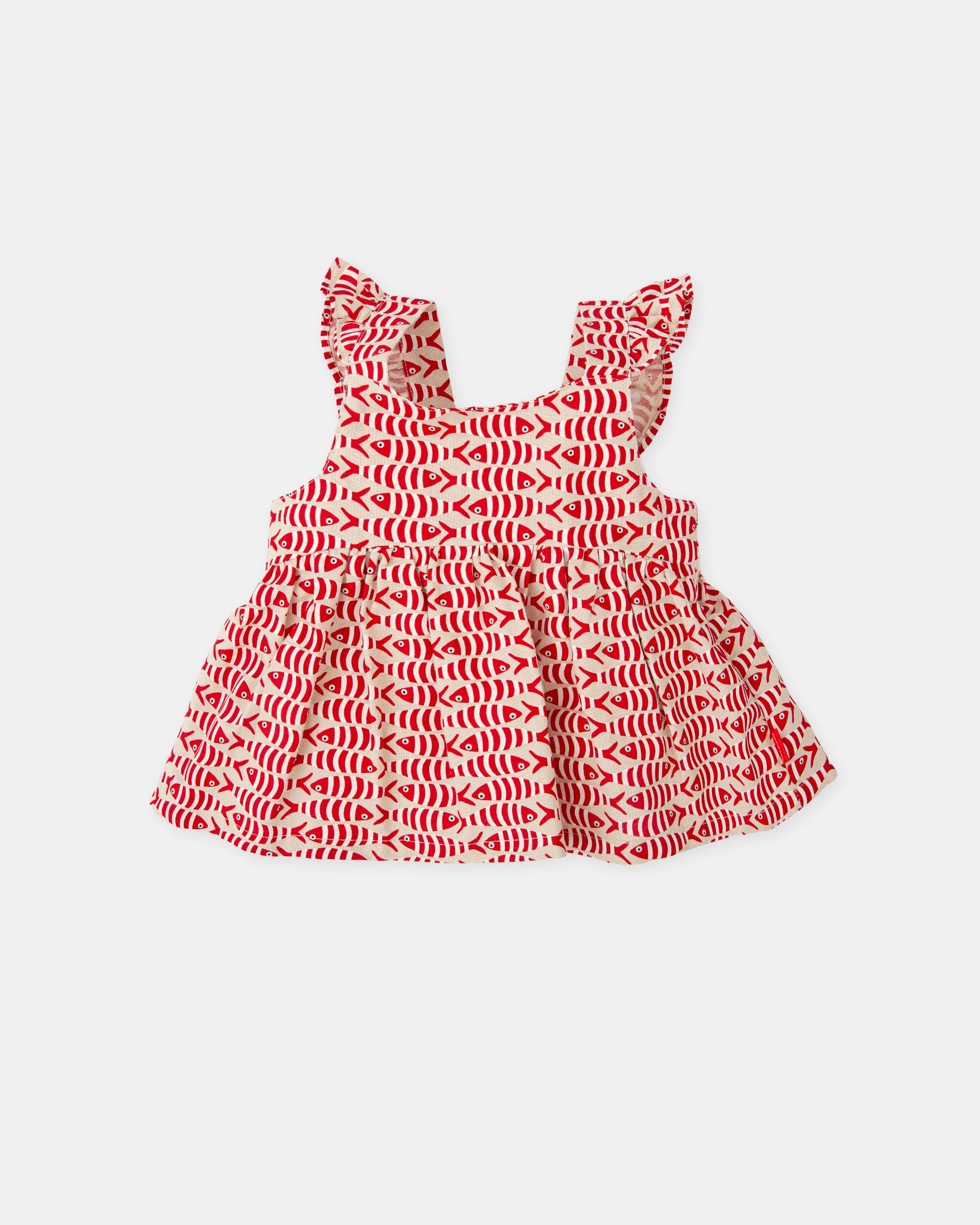 Top Infantil com Folhos e Estampado de Peixes Vermelho / Branco-1