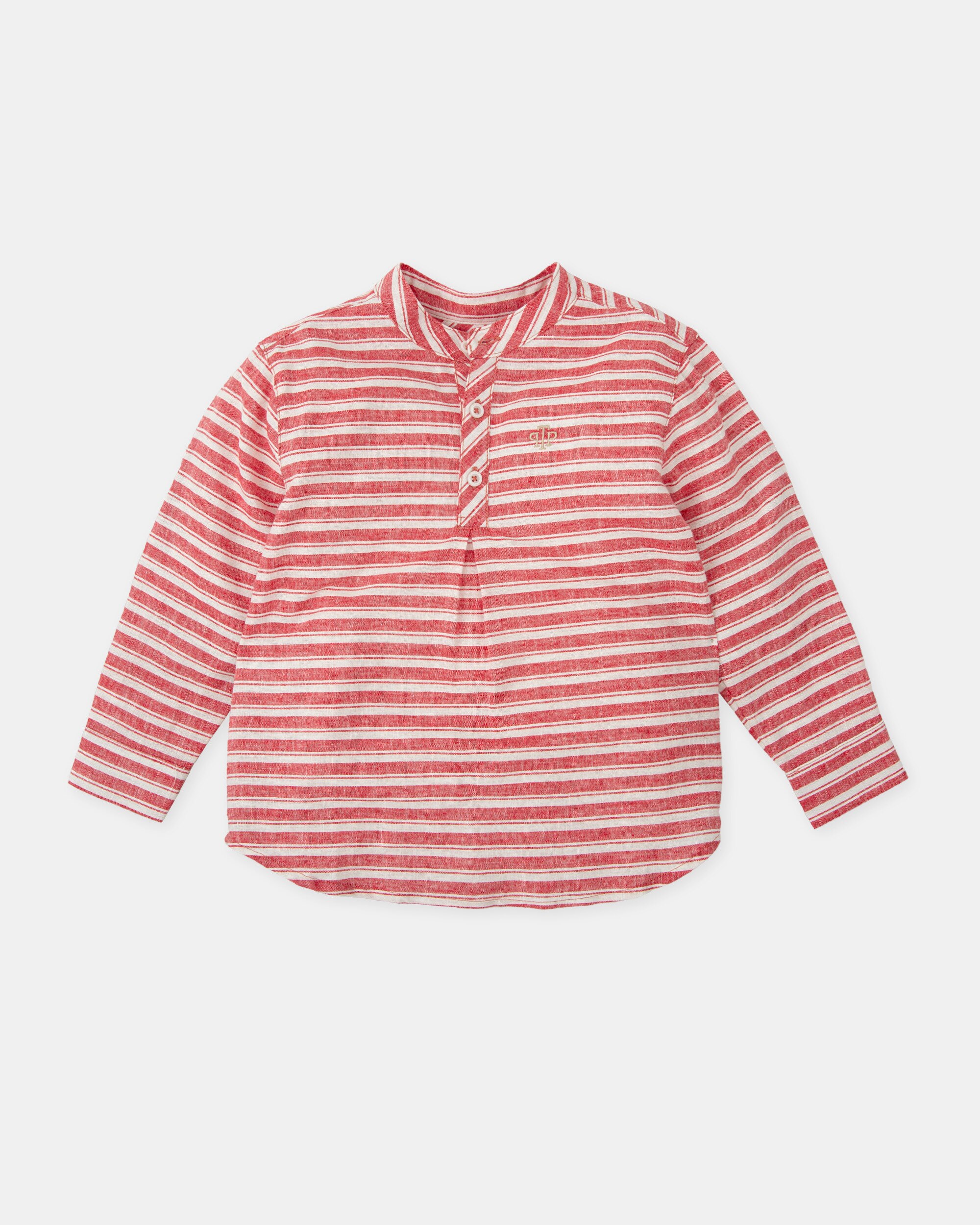 Camisa Às Riscas de Manga Comprida com Gola À Padre Infantil Tutto Piccolo Vermelho / Branco-1