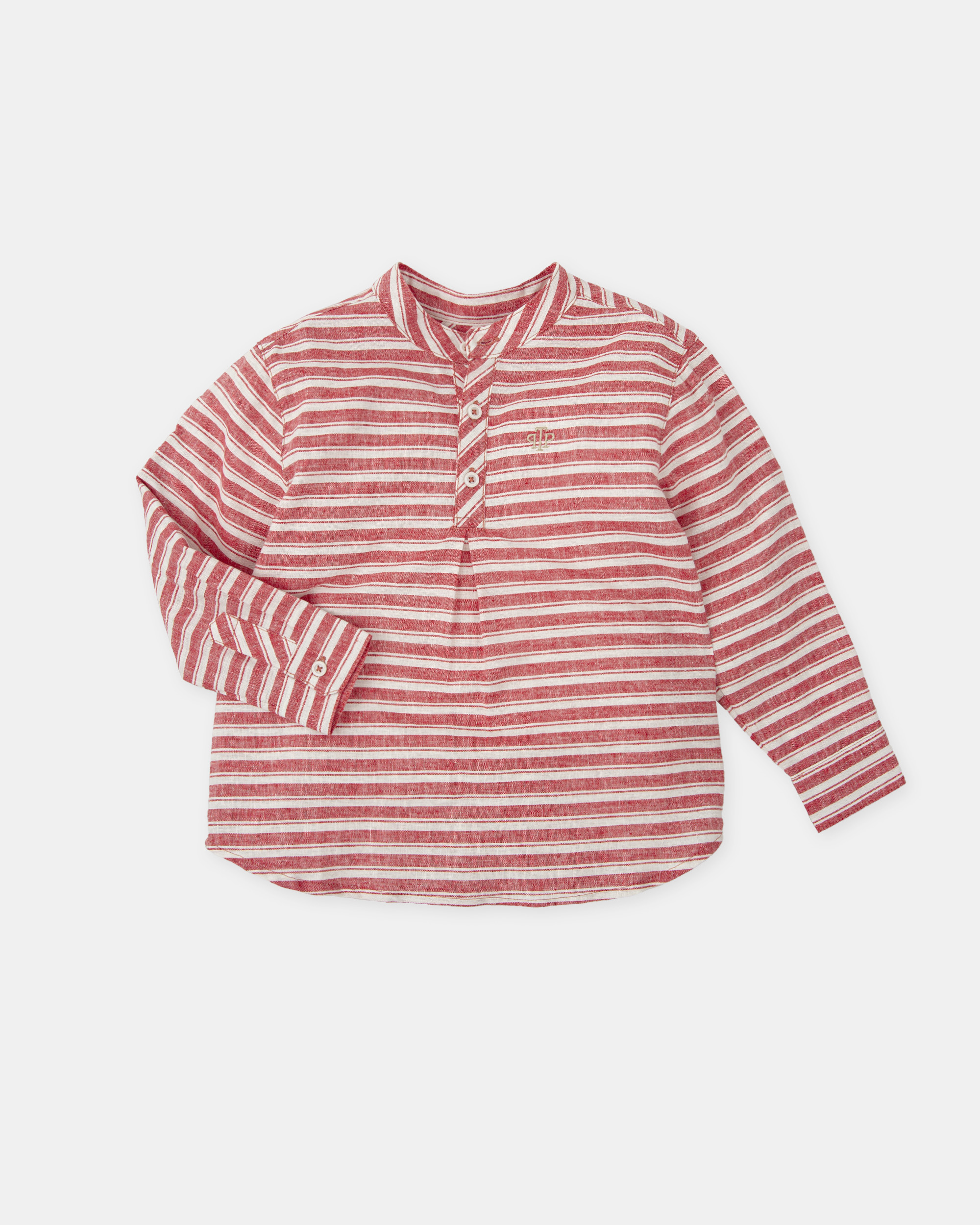 Camisa Às Riscas de Manga Comprida com Gola À Padre Infantil Tutto Piccolo Vermelho / Branco-3
