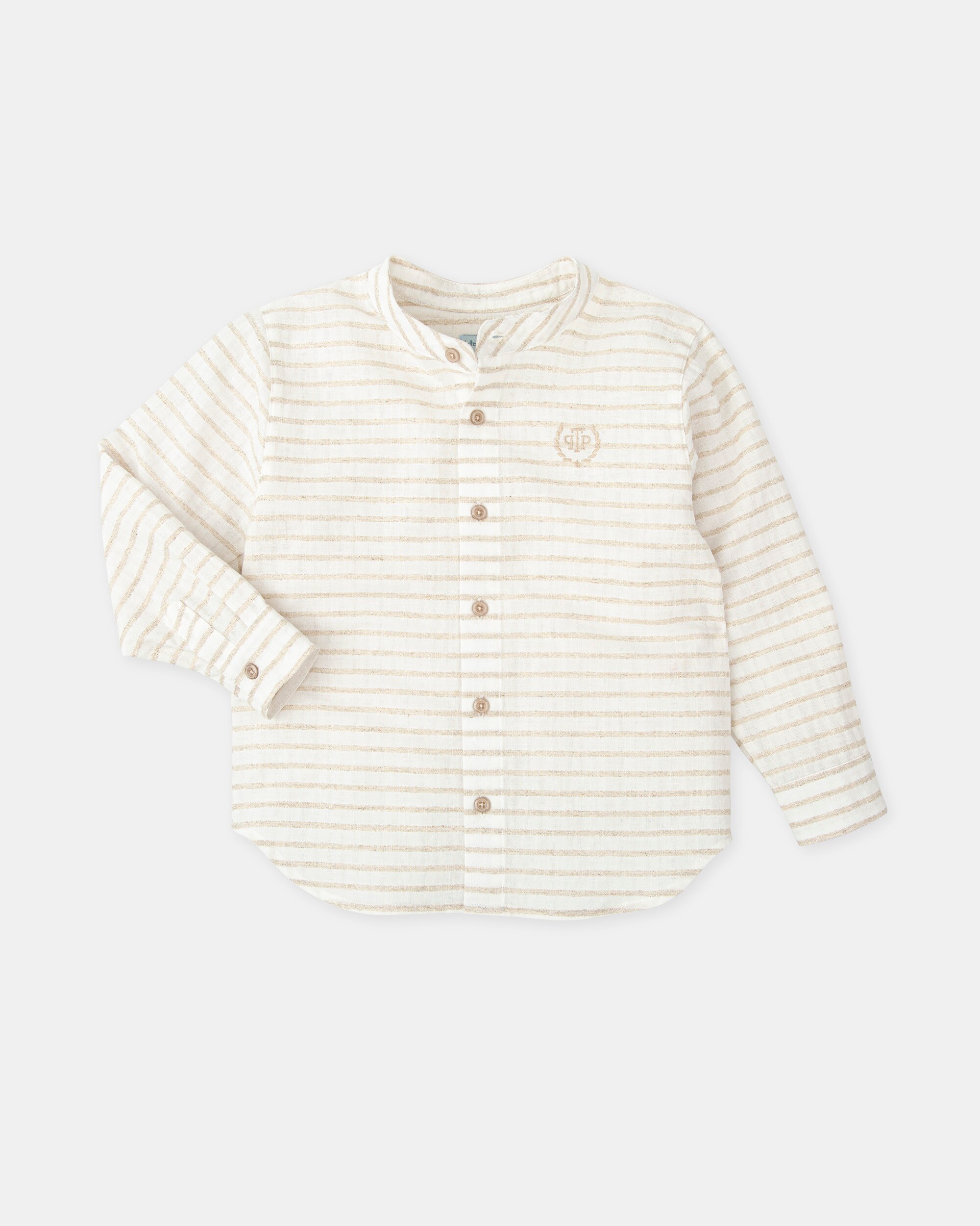 Camisa Às Riscas de Manga Comprida com Gola À Padre Infantil Tutto Piccolo Branco-3